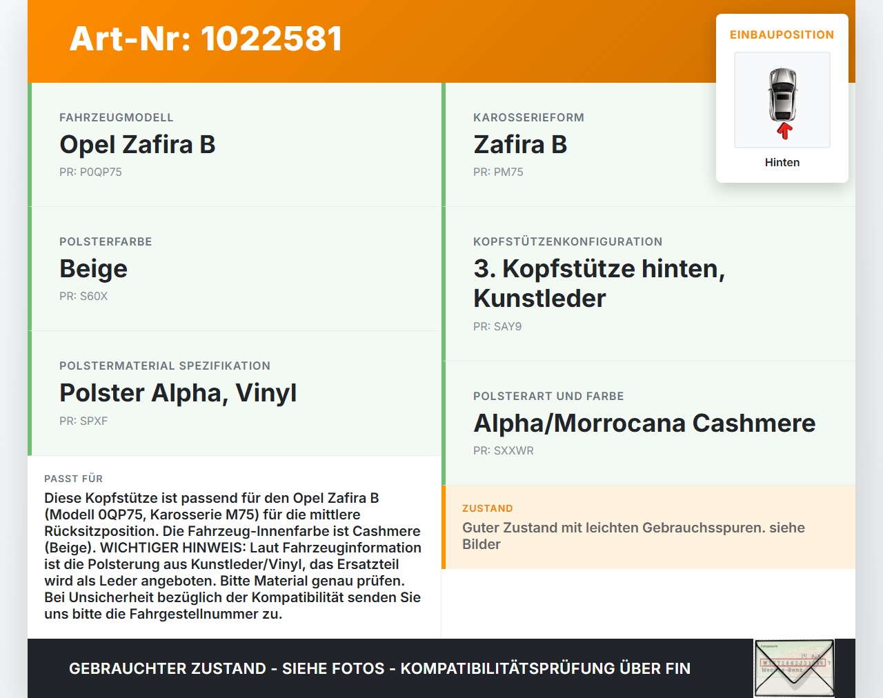 Opel Zafira B 05-11 Kopfstütze Mitte Hinten Leder Opel Zafira B 05-11 02.11.2006 gebraucht Vorschau 3
