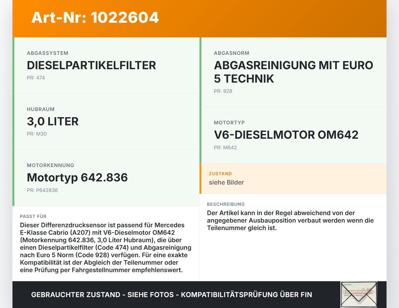 Mercedes E350 A207 10-13 CDI 3,0 170KW 642836 Differenzdrucksensor Mercedes E350 A207 10-13 17.03.2010 A0061539528... Vorschau 3