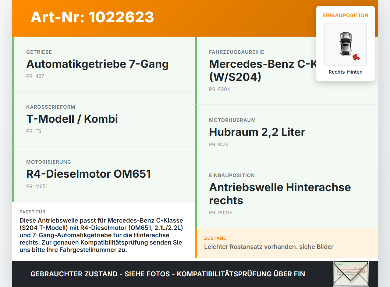 Mercedes S204 W204 C220 11-15  Kombi 2,1 125KW Antriebswelle Gelenkwelle Rechts Hinten Mercedes S204 W204 C220... Vorschau 3