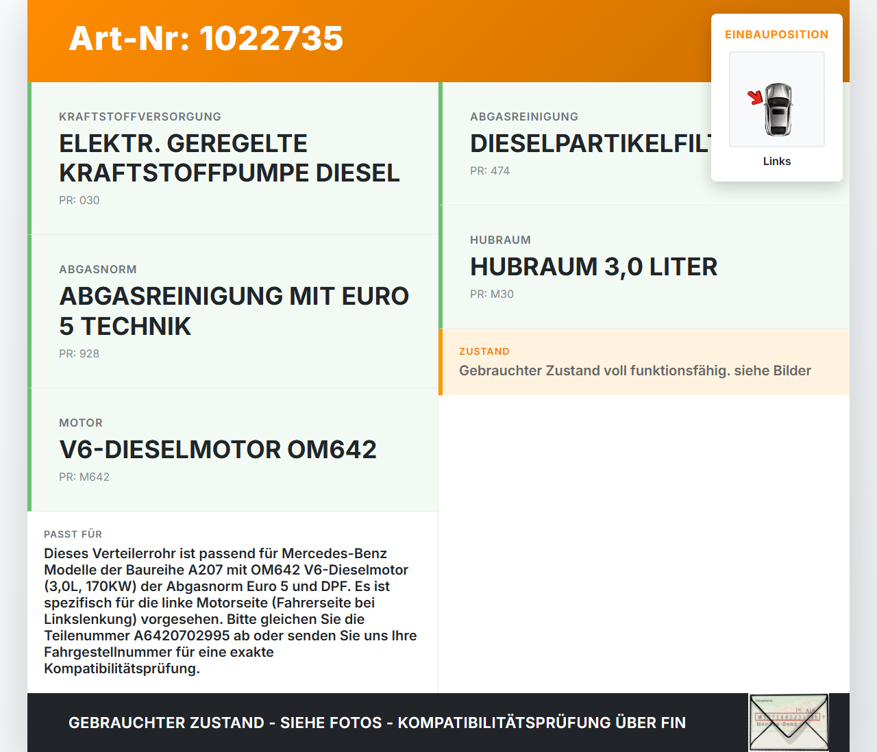 Mercedes E350 A207 10-13 CDI 3,0 170KW Verteilerrohr für Hochdruck Verteiler Links Mercedes E350 A207 10-13... Vorschau 3