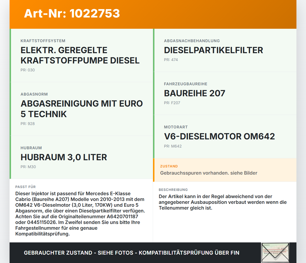 Mercedes E350 A207 10-13 CDI 3,0 170KW Injektor Einspritzdüse Zyl.5 Mercedes E350 A207 10-13 17.03.2010 A6420701187... Vorschau 3