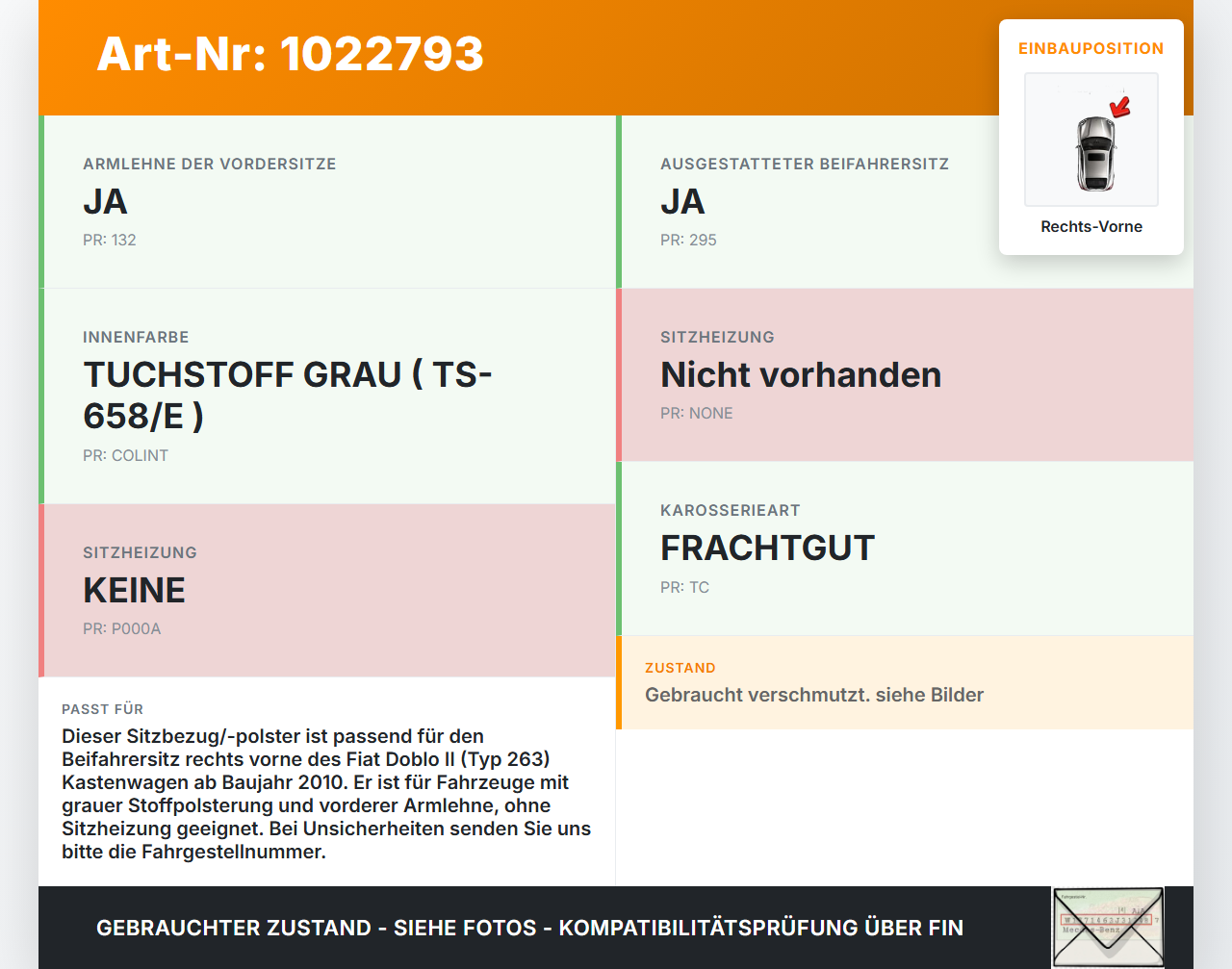 Fiat Doblo II 263 10-15 Kasten Sitzbezug Sitzpolster für Beifahrersitz Rechts Vorne Fiat Doblo II 263 10-15... Vorschau 3
