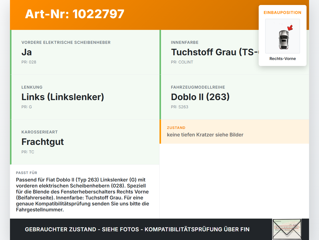 Fiat Doblo II 263 10-15 Blende Innen Auflage Applikation für Fensterheberschalter Rechts Vorne Fiat Doblo II 263... Vorschau 3