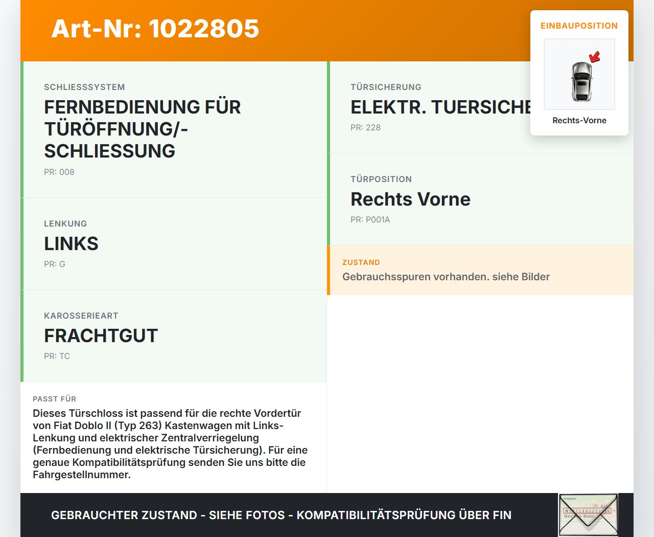 Fiat Doblo II 263 10-15 Kasten Türschloss m. ZV Stellmotor Rechts Vorne Fiat Doblo II 263 10-15 30.05.2011 51817366... Vorschau 3