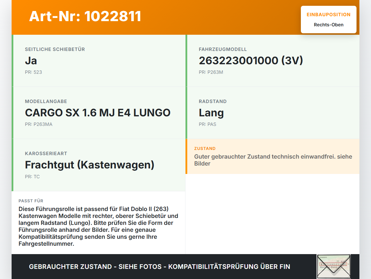 Fiat Doblo II 263 10-15 Kasten Führungsrolle für Schiebetür Rechts Oben Fiat Doblo II 263 10-15 30.05.2011 gebraucht Vorschau 3