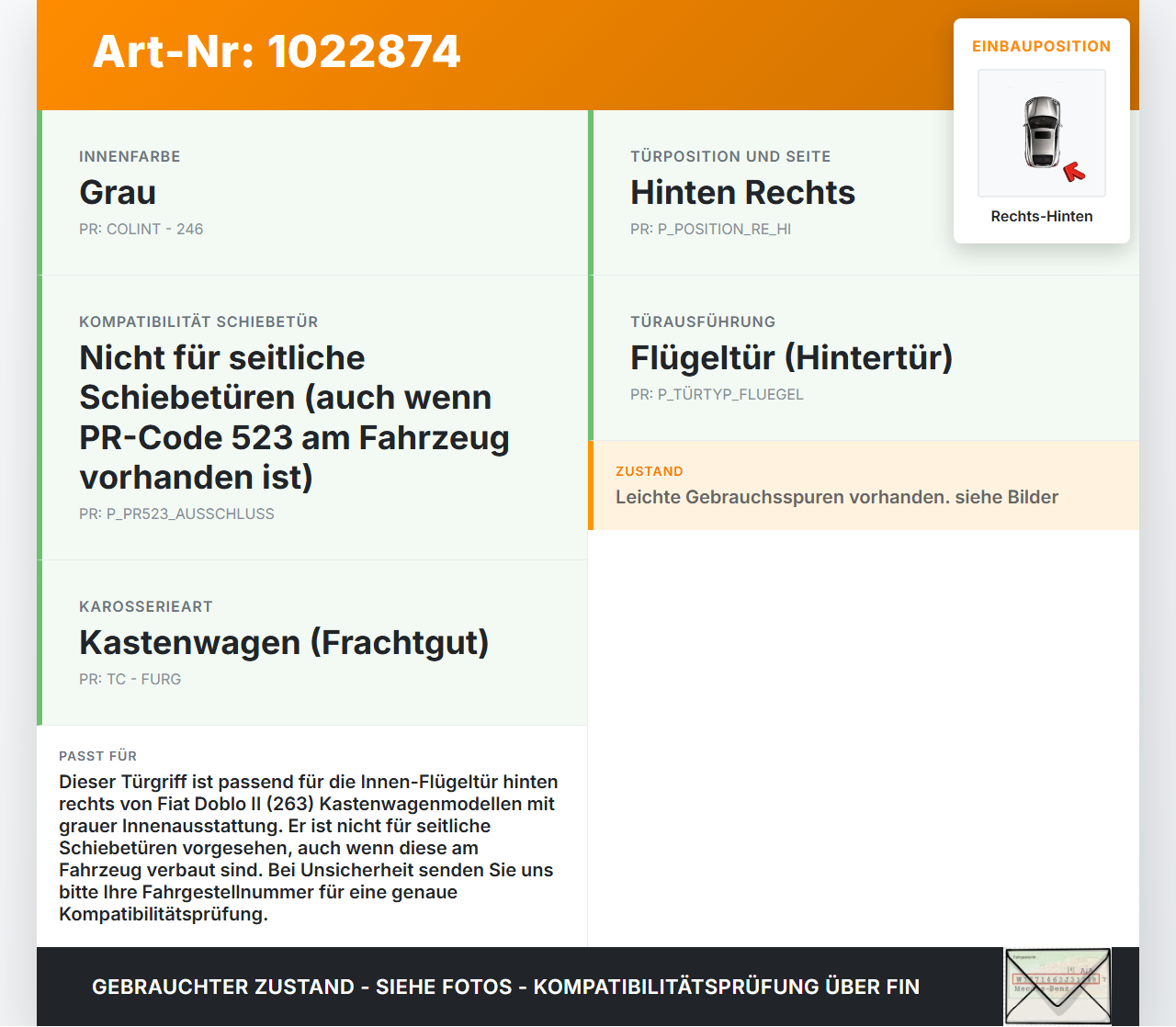 Fiat Doblo II 263 10-15 Kasten Griff Griffmuschel Türgriff Innen Rechts Hinten für Flügeltür Fiat Doblo II 263... Vorschau 3