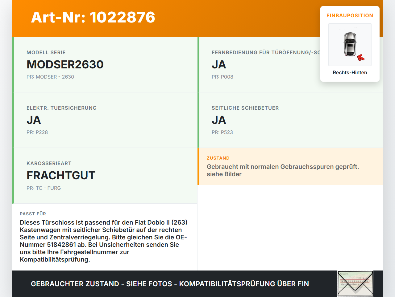 Fiat Doblo II 263 10-15 Kasten Türschloss m. ZV Stellmotor Rechts Hinten Mitte für Schiebetür Fiat Doblo II 263... Vorschau 3