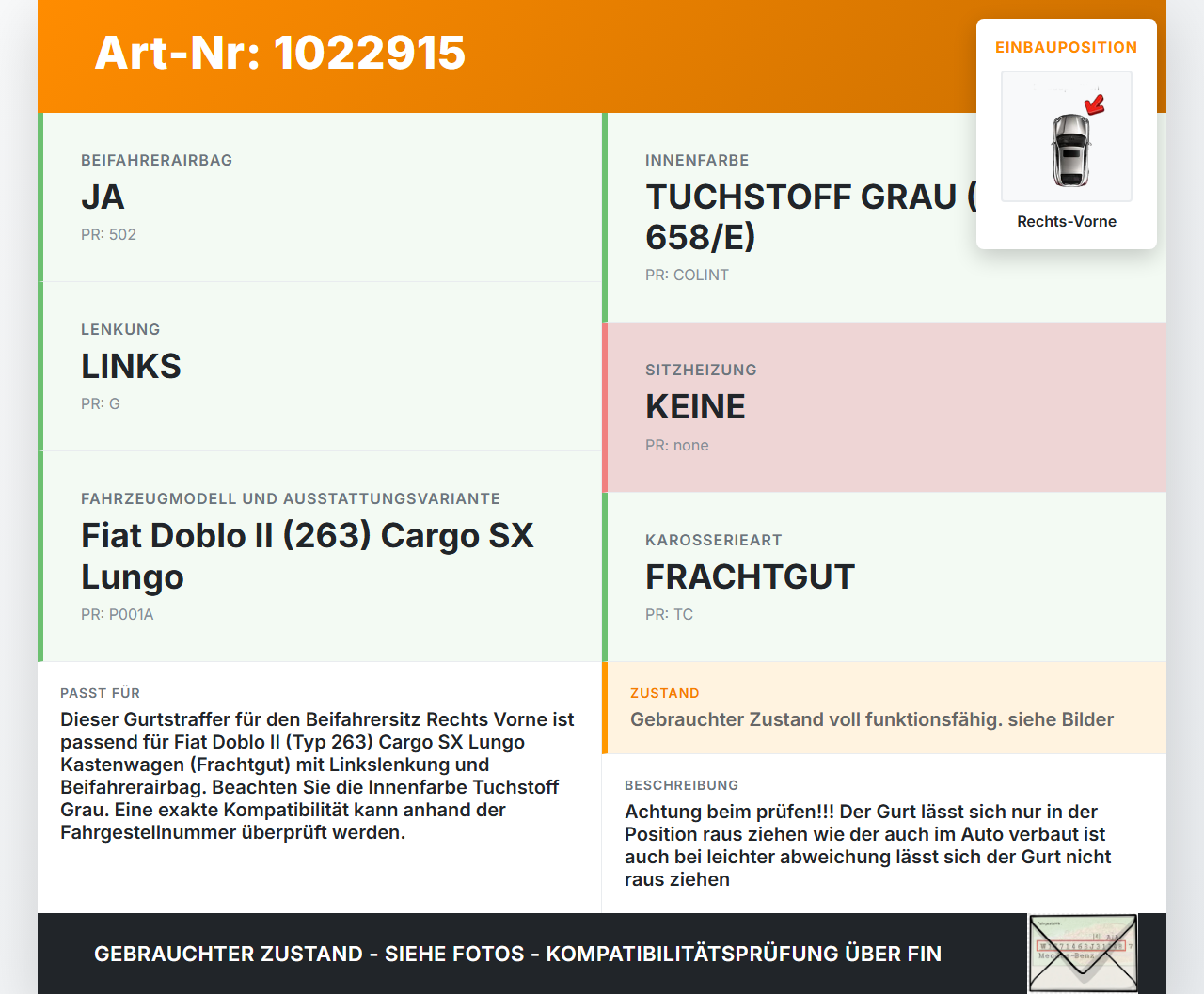 Fiat Doblo II 263 10-15 Kasten Gurt Sicherheitsgurt Gurtstraffer für Beifahrer Rechts Vorne Fiat Doblo II 263 10-15... Vorschau 3