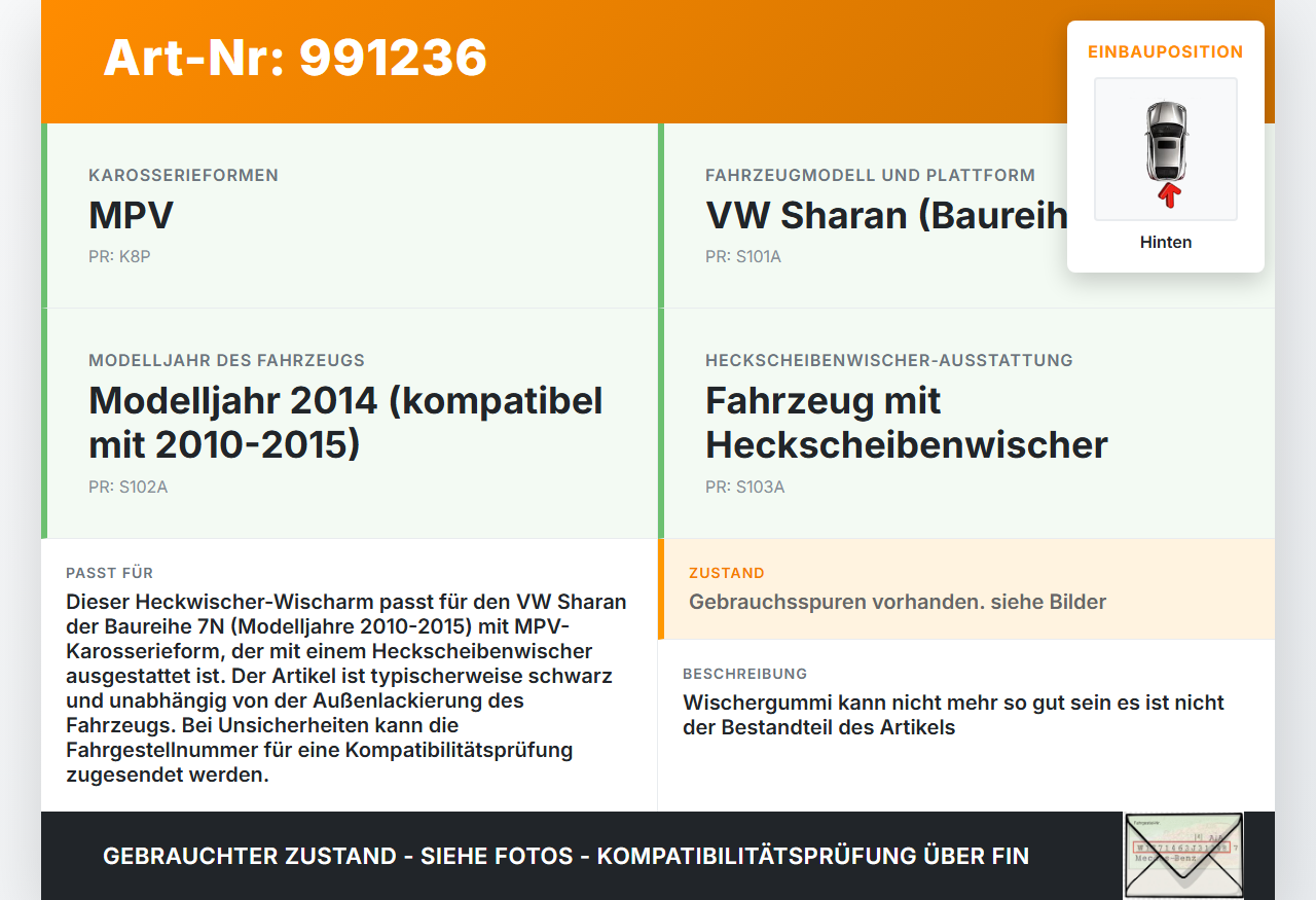VW Sharan 7N II 10-15 Heckwischer Scheibenwischer Hinten Wischarm VW Sharan 7N II 10-15 20.04.2014 5M0955707A gebraucht Vorschau 3
