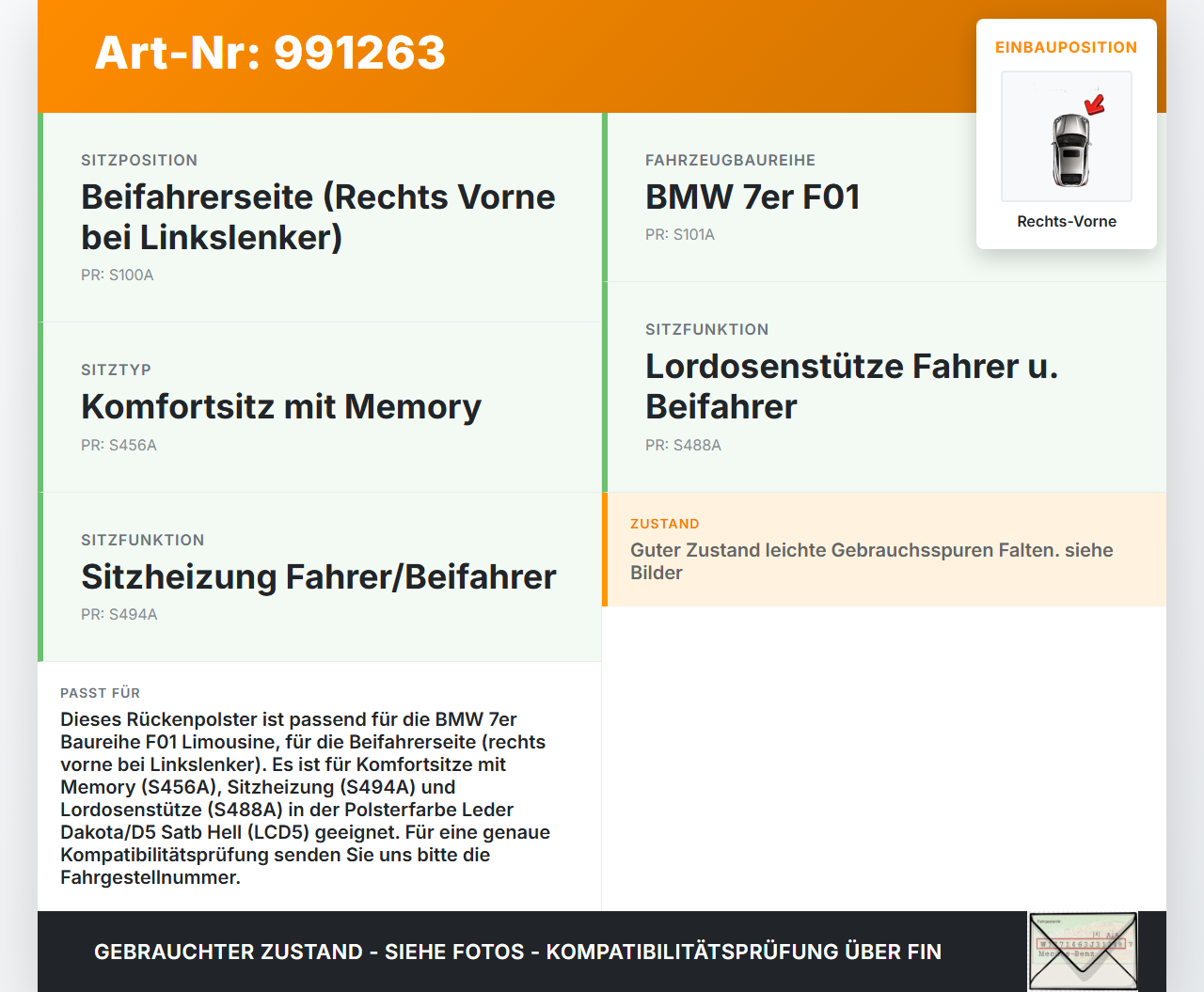 BMW F01 750iX 08-12 Kurz Rückenpolster Rechts Vorne für Beifahrer Sitz beheizt BMW F01 750iX 08-12 09.06.2011... Vorschau 3