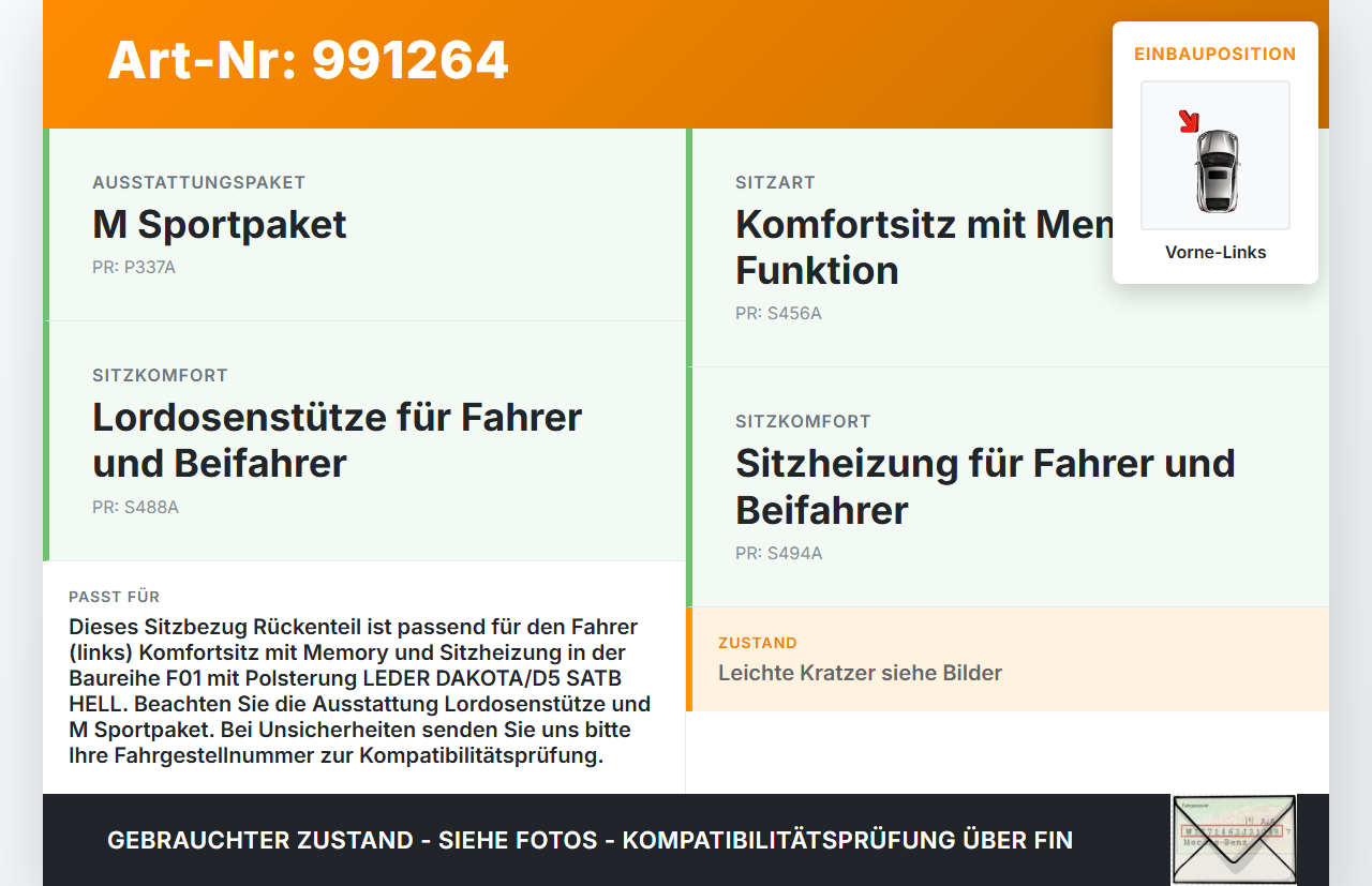 BMW F01 750iX 08-12 Kurz Sitzbezug Rückenteil für Fahrer Sitz Vorne Links BMW F01 750iX 08-12 09.06.2011 9173673... Vorschau 3