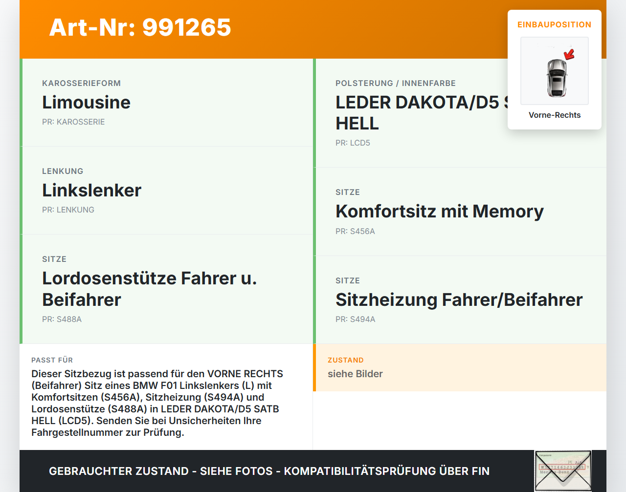 BMW F01 750iX 08-12 Sitzbezug Rückenteil für Fahrer Sitz Vorne Rechts BMW F01 750iX 08-12 09.06.2011 139411 gebraucht Vorschau 3
