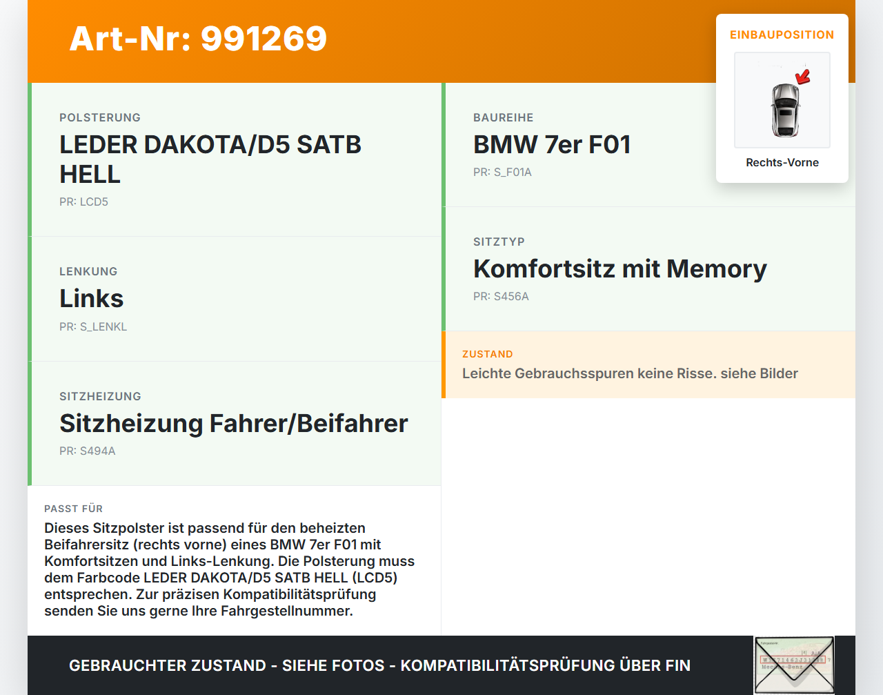 BMW F01 750iX 08-12 Kurz Sitzpolster für Beifahrersitz Rechts Vorne beheizt BMW F01 750iX 08-12 09.06.2011... Vorschau 3