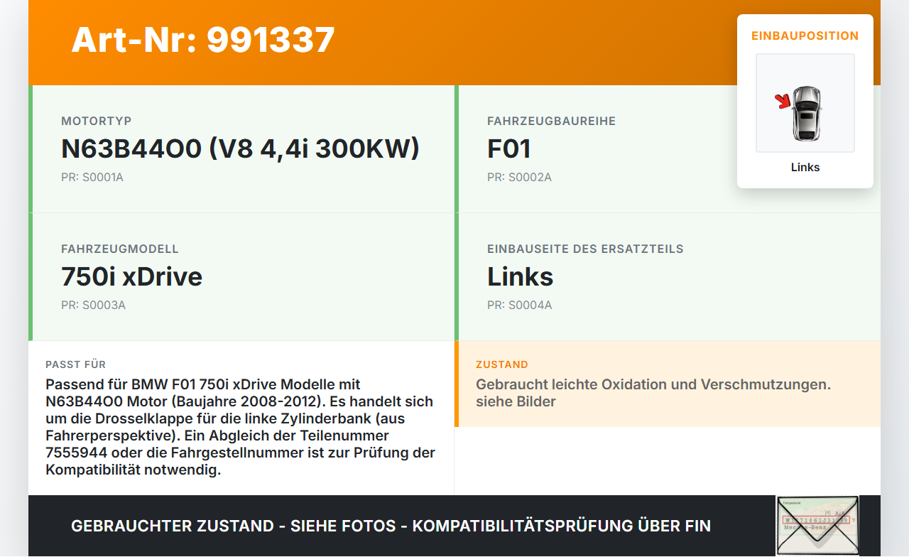 BMW F01 750iX 08-12 4,4i 300KW N63B44O0 Drosselklappe Links BMW F01 750iX 08-12 09.06.2011 13547555944 7555944... Vorschau 3