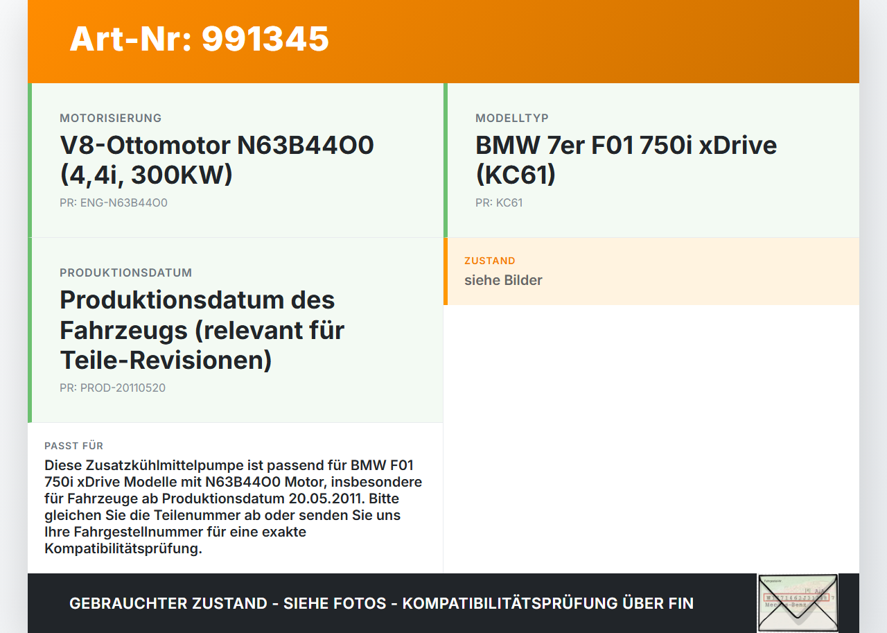 BMW F01 750iX 08-12 4,4i 300KW Umwelzpumpe Zusatzkühlmittelpumpe Pumpe BMW F01 750iX 08-12 09.06.2011 1151-5A36581... Vorschau 3