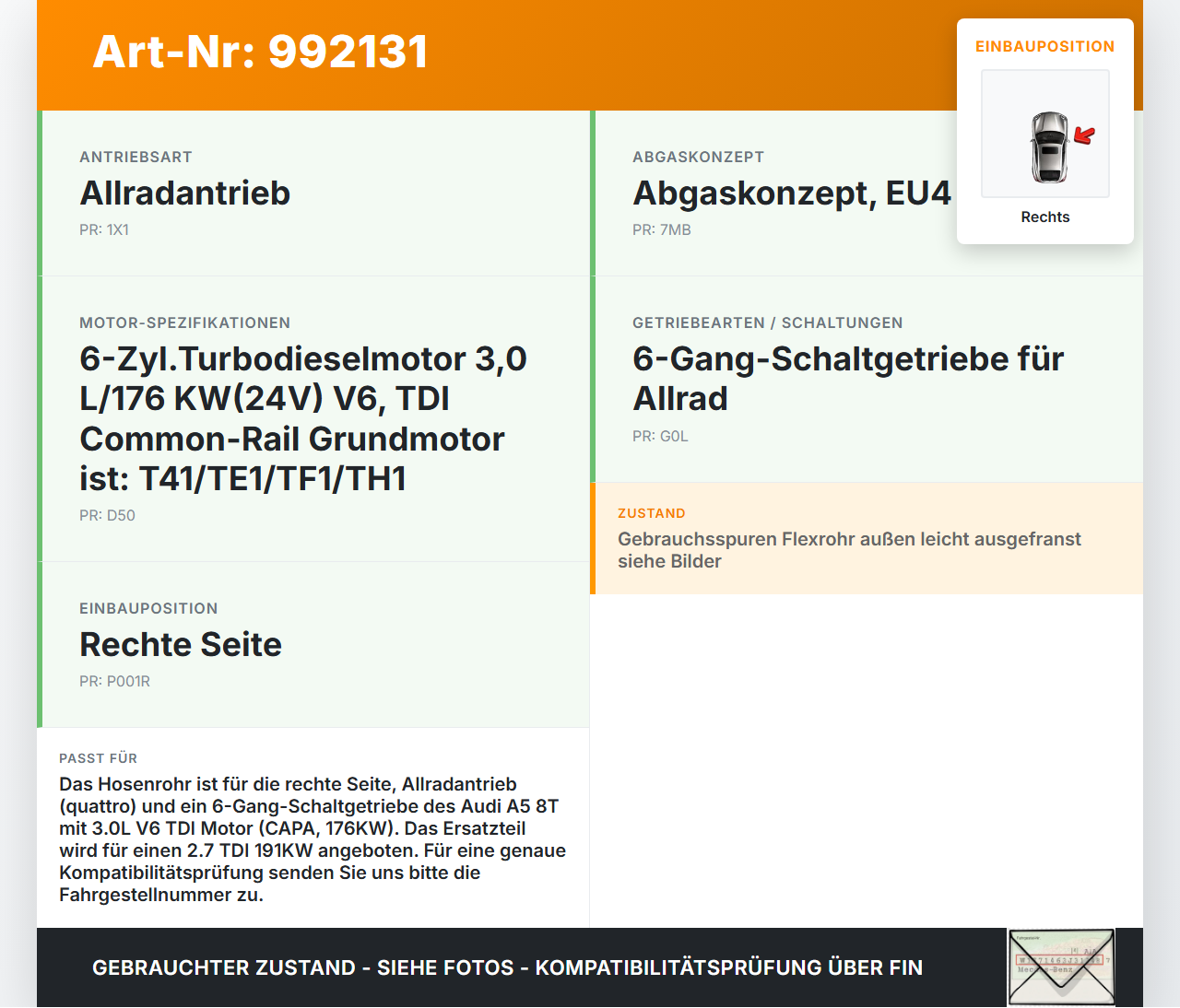 Audi A5 8T QU 07-12 TDI 2,7 191KW Hosenrohr Vorderrohr Abgasrohr Flexrohr Rechts Audi A5 8T QU 07-12 22.10.2007... Vorschau 3