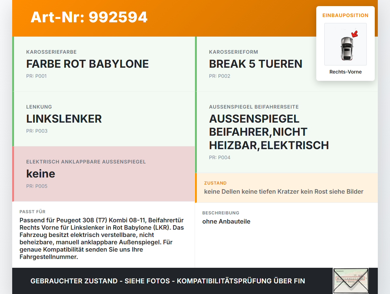 Peugeot 308 08-11 Kombi Tür Beifahrertür Rechts Vorne LKR Peugeot 308 08-11 12.06.2009 9010H5 gebraucht Vorschau 3