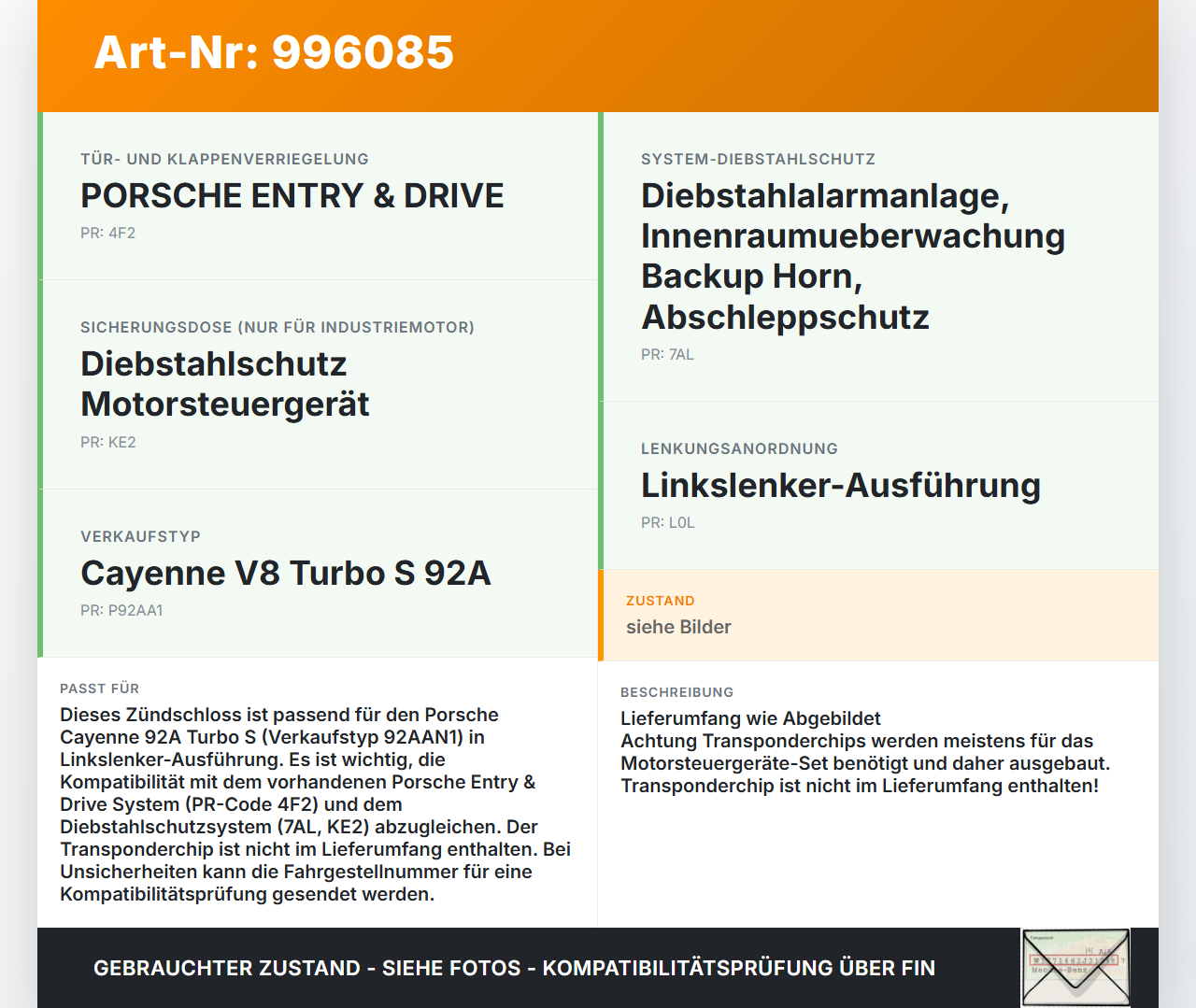 Porsche Cayenne 92A Turbo S Zündschloss 1x Schlüssel Schliessanlage Porsche Cayenne 92A Turbo S 20.06.2014... Vorschau 3