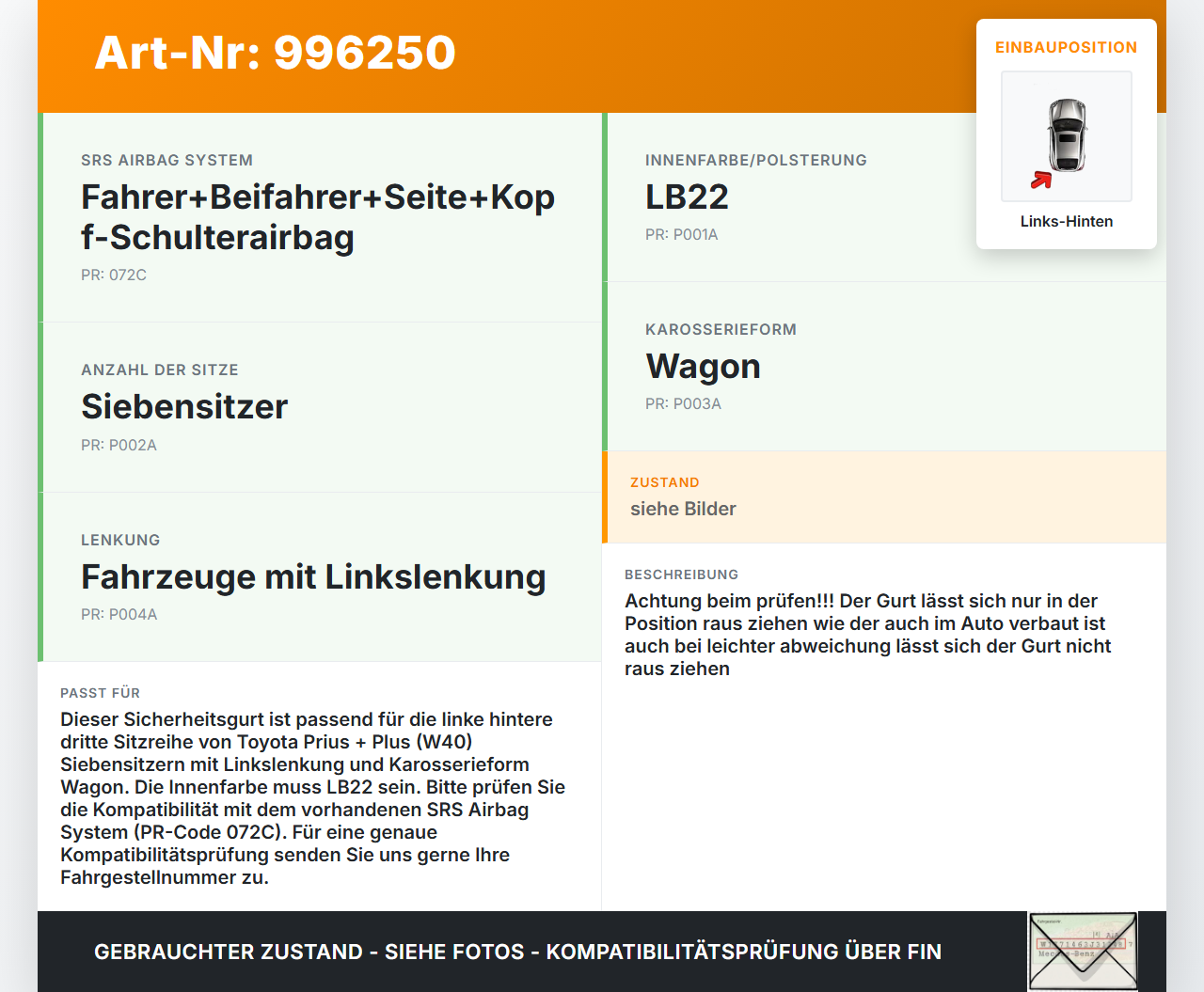 Toyota Prius + Plus W40 Kombi Gurt Sicherheitsgurt Links Hinten 3te Reihe Toyota Prius + Plus W40 15.11.2015... Vorschau 3
