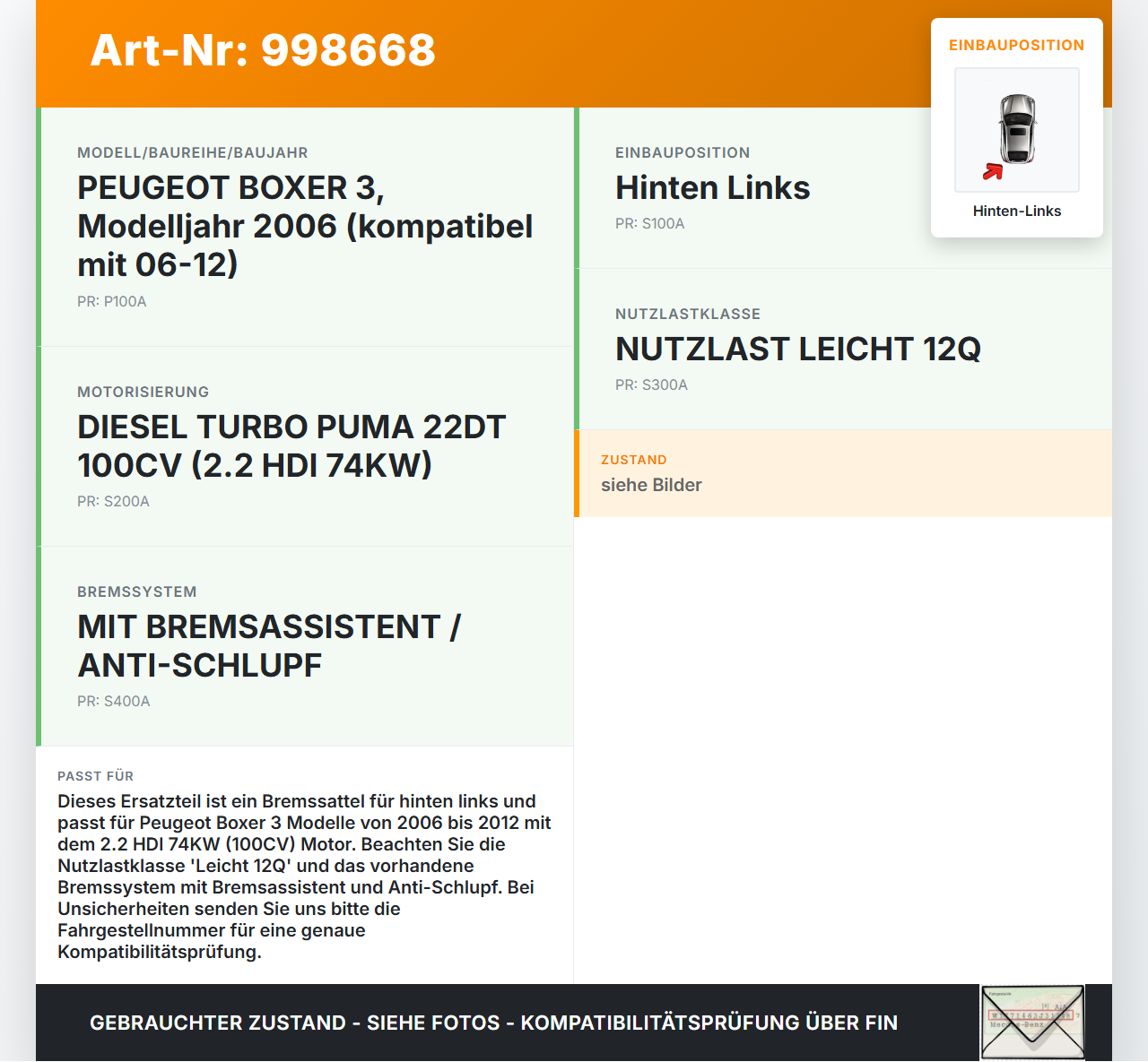 Peugeot Boxer Jumper 250 06-12 HDI 2,2 74KW Bremssattel Bremszange Hinten Links Peugeot Boxer Jumper 250 06-12... Vorschau 3
