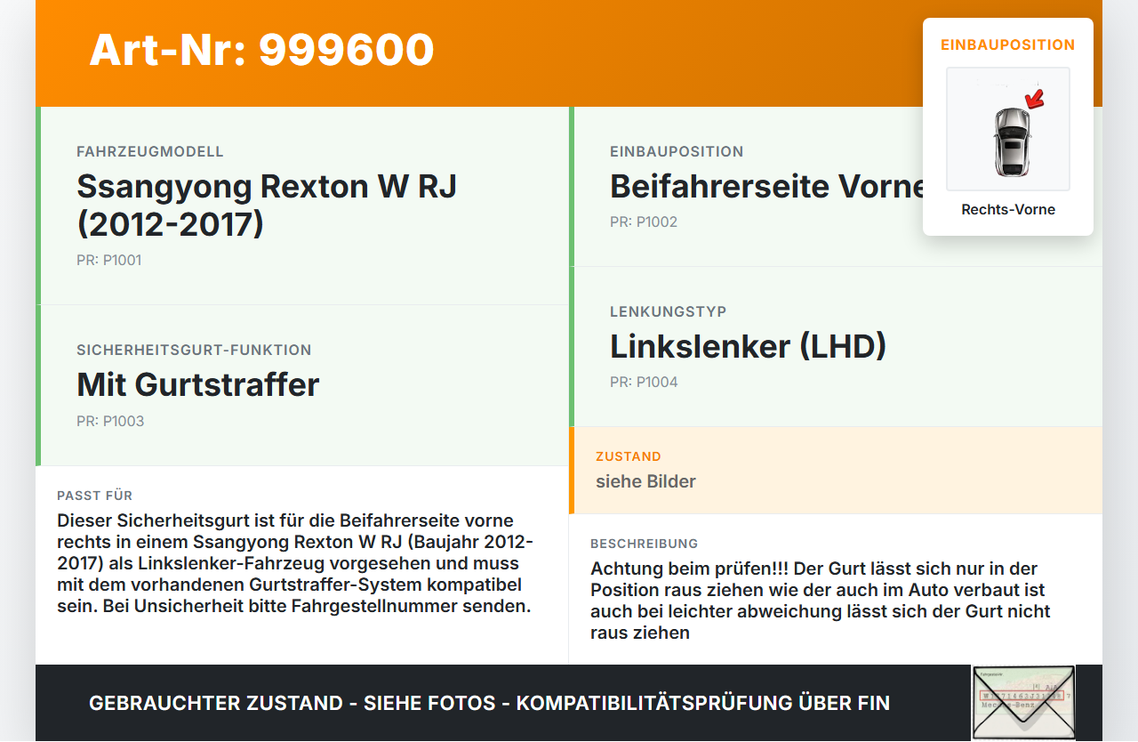 Ssangyong Rexton W RJ 12-17 Gurt Sicherheitsgurt Gurtstraffer Beifahrer Rechts Vorne Ssangyong Rexton W RJ 12-17... Vorschau 3