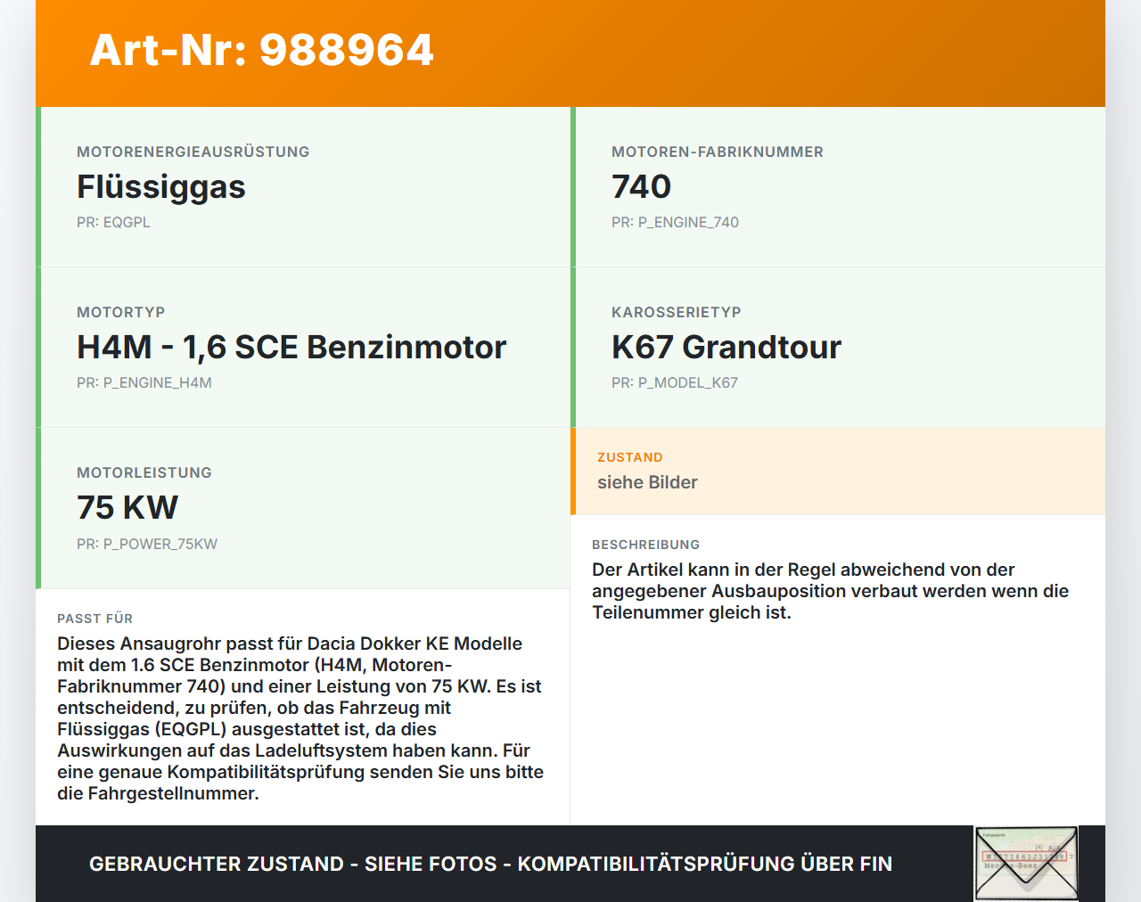 Dacia Dokker KE 12-21 1,6 75KW Ansaugrohr Ladeluftschlauch Luftschlauch Pos.1 Dacia Dokker KE 12-21 12.08.2019 gebraucht Vorschau 3