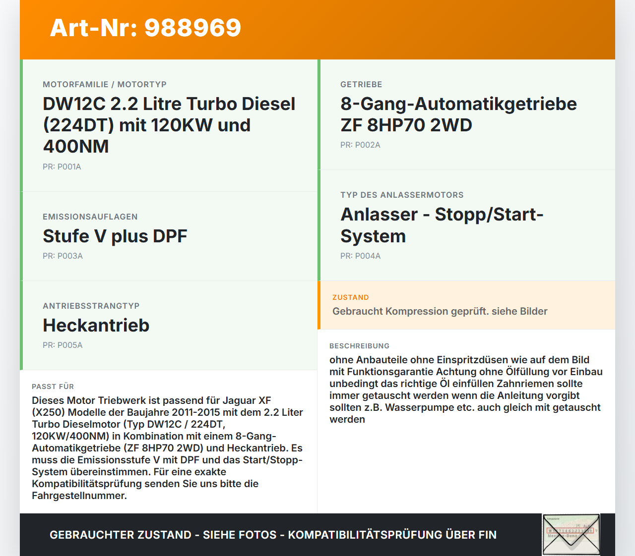 Jaguar XF X250 11-15 2,2D 120KW 224DT C2Z20549 DW12C Motor Triebwerk Jaguar XF X250 11-15 19.06.2014 C2Z20549E gebraucht Vorschau 3