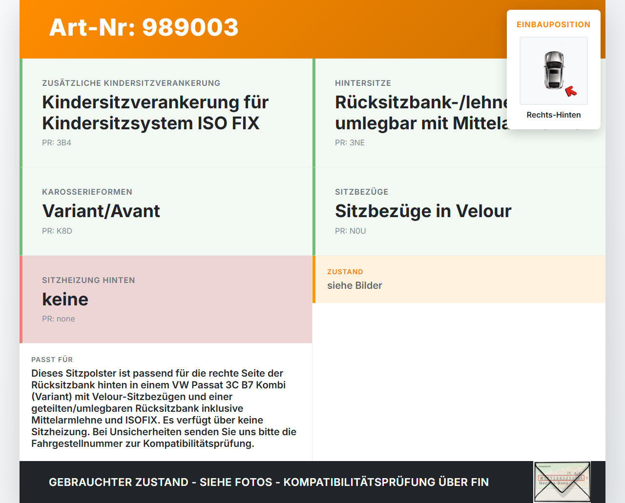 VW Passat 3C B7 10-15 Kombi Sitzpolster Rechts f. Rücksitzbank Hinten KV3 VW Passat 3C B7 10-15 06.12.2013... Vorschau 3