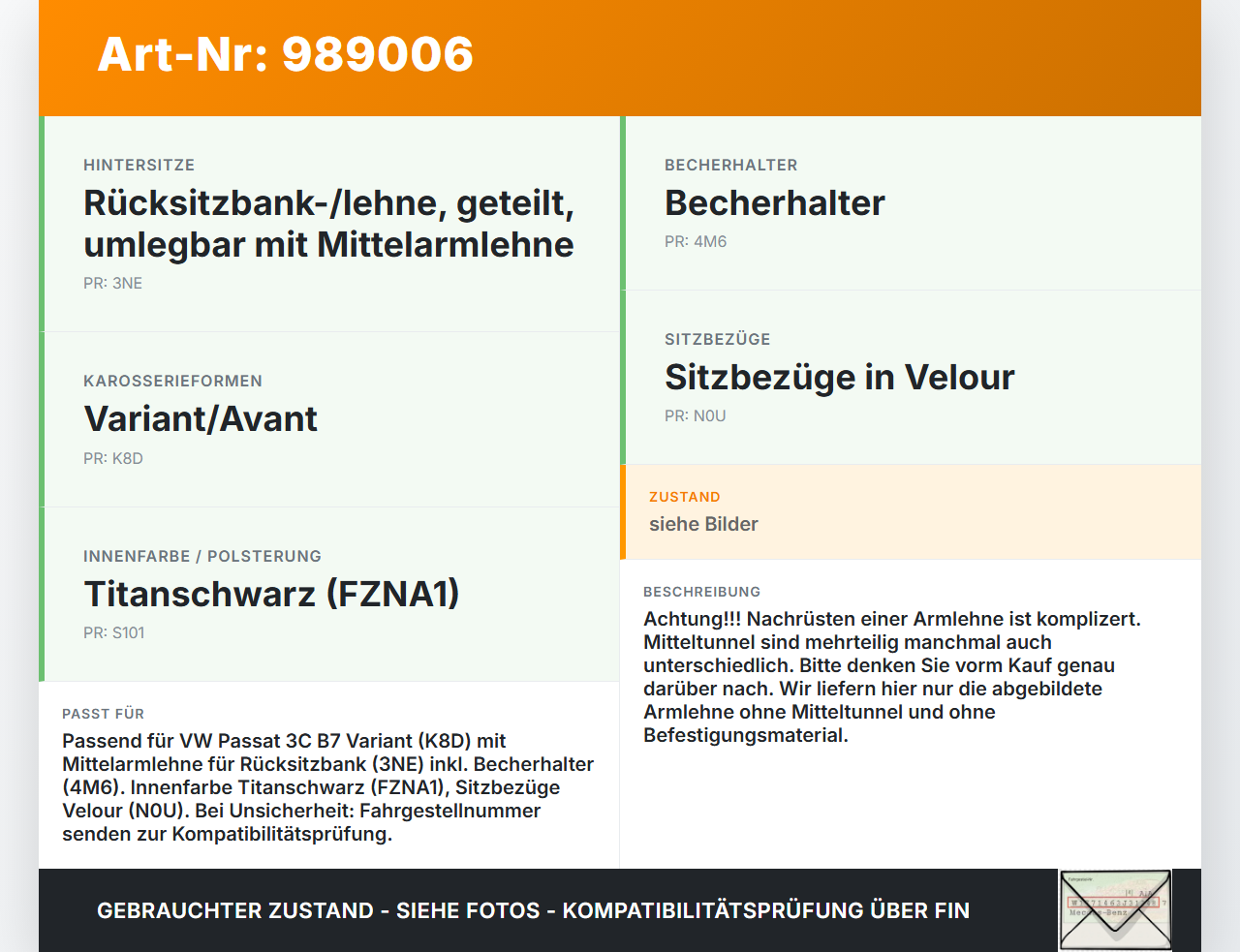 VW Passat 3C B7 10-15 Armlehne Mittelarmlehne Auflage mit Becherhalter für Rücksitzbank VW Passat 3C B7 10-15... Vorschau 3