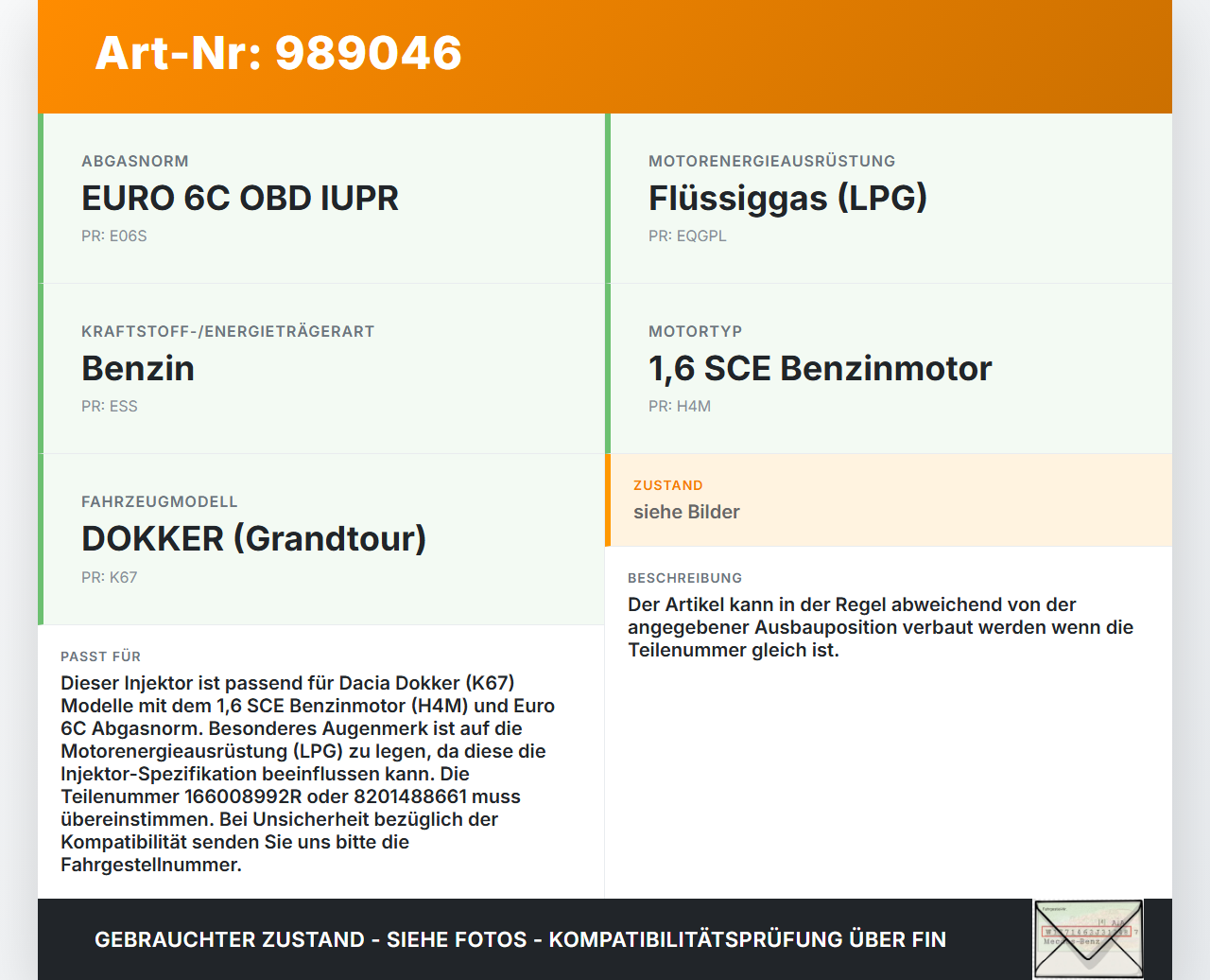 Dacia Dokker KE 12-21 1,6 75KW Injektor Einspritzdüse Zyl.3 Dacia Dokker KE 12-21 12.08.2019 166008992R 8201488661... Vorschau 3