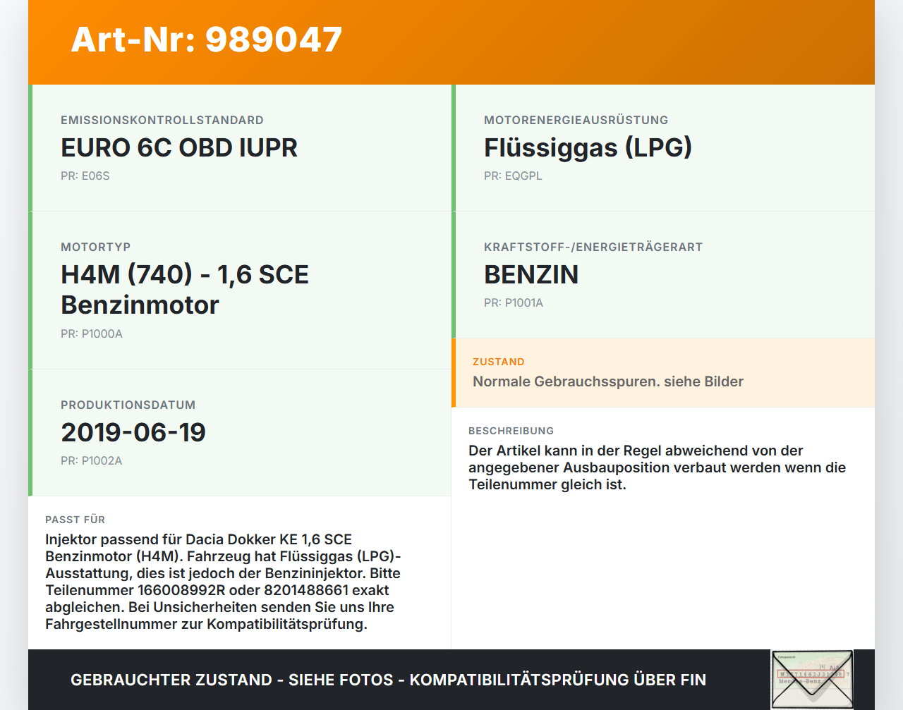 Dacia Dokker KE 12-21 1,6 75KW Injektor Einspritzdüse Zyl.4 Dacia Dokker KE 12-21 12.08.2019 166008992R 8201488661... Vorschau 3