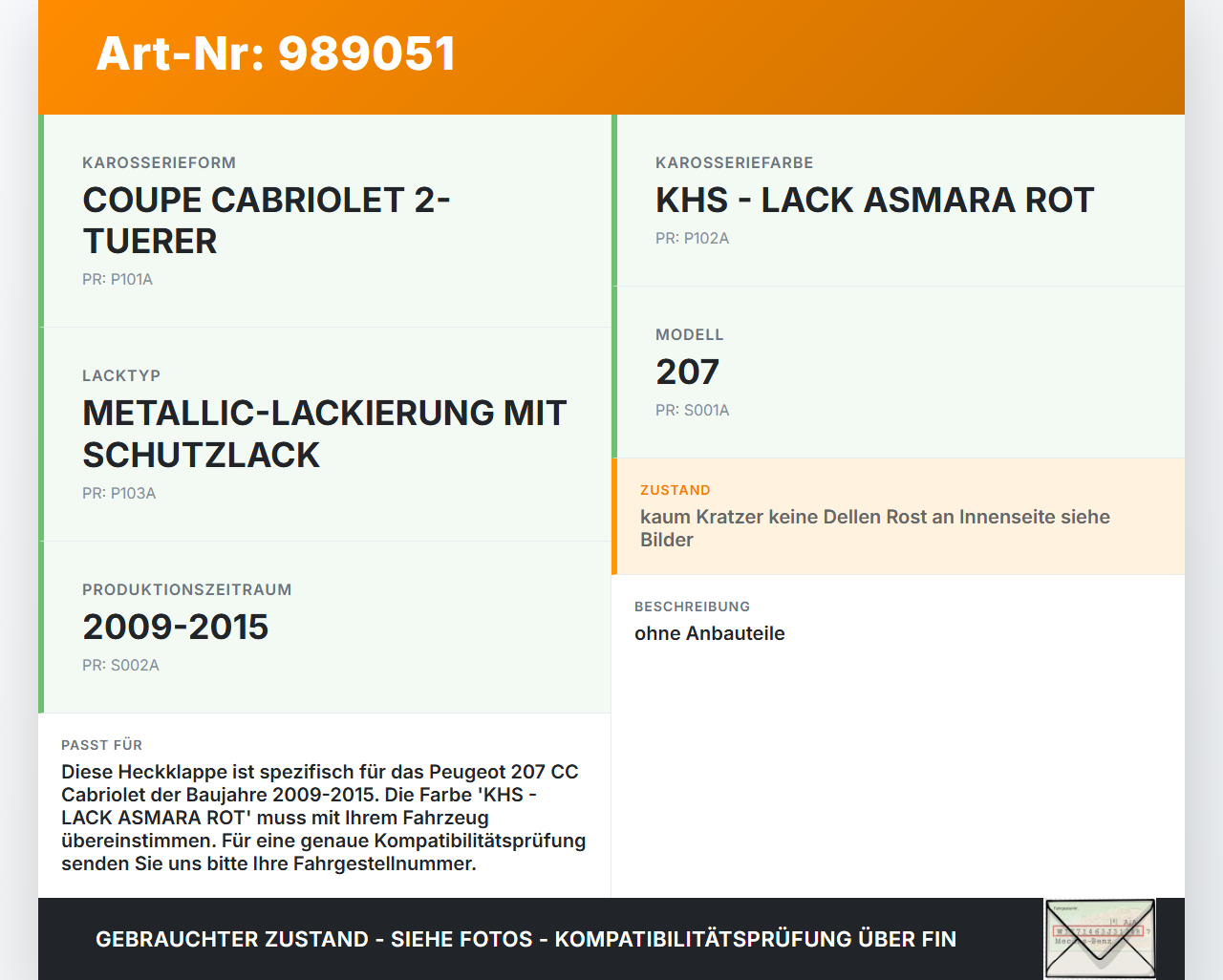 Peugeot 207 CC 09-15 Cabriolet Heckklappe Kofferraumdeckel  KHS Peugeot 207 CC 09-15 30.04.2007 gebraucht Vorschau 3