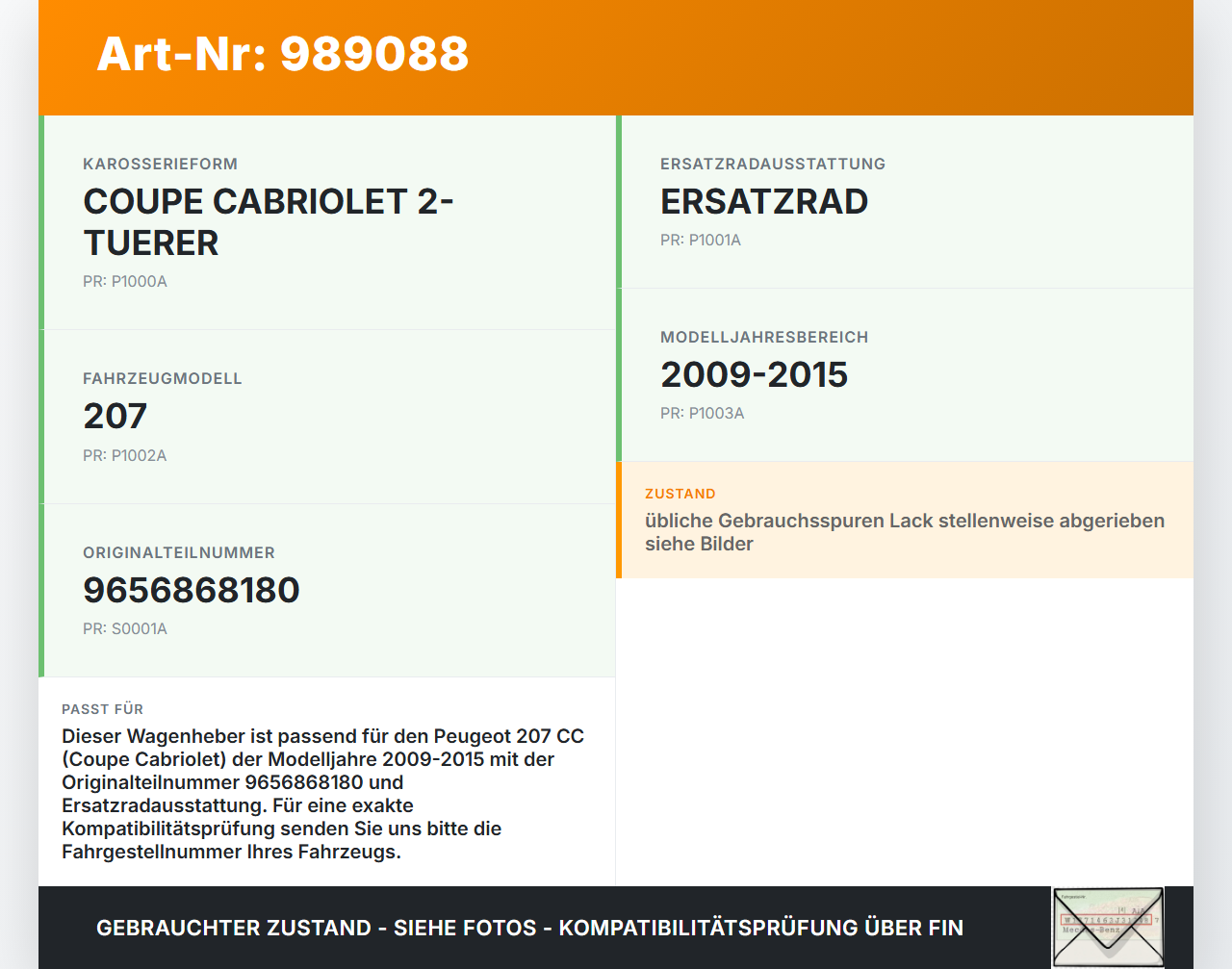 Peugeot 207 CC 09-15 Wagenheber Peugeot 207 CC 09-15 30.04.2007 672599 9656868180 gebraucht Vorschau 3
