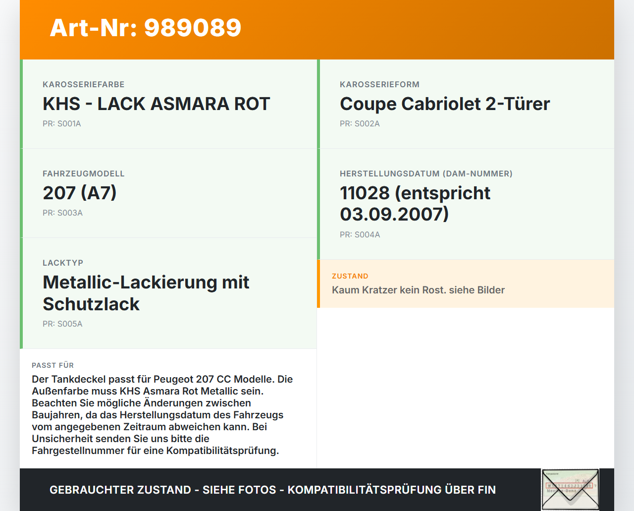 Peugeot 207 CC 09-15 Tankdeckel Tankklappe KHS Peugeot 207 CC 09-15 30.04.2007 9680609377 gebraucht Vorschau 3
