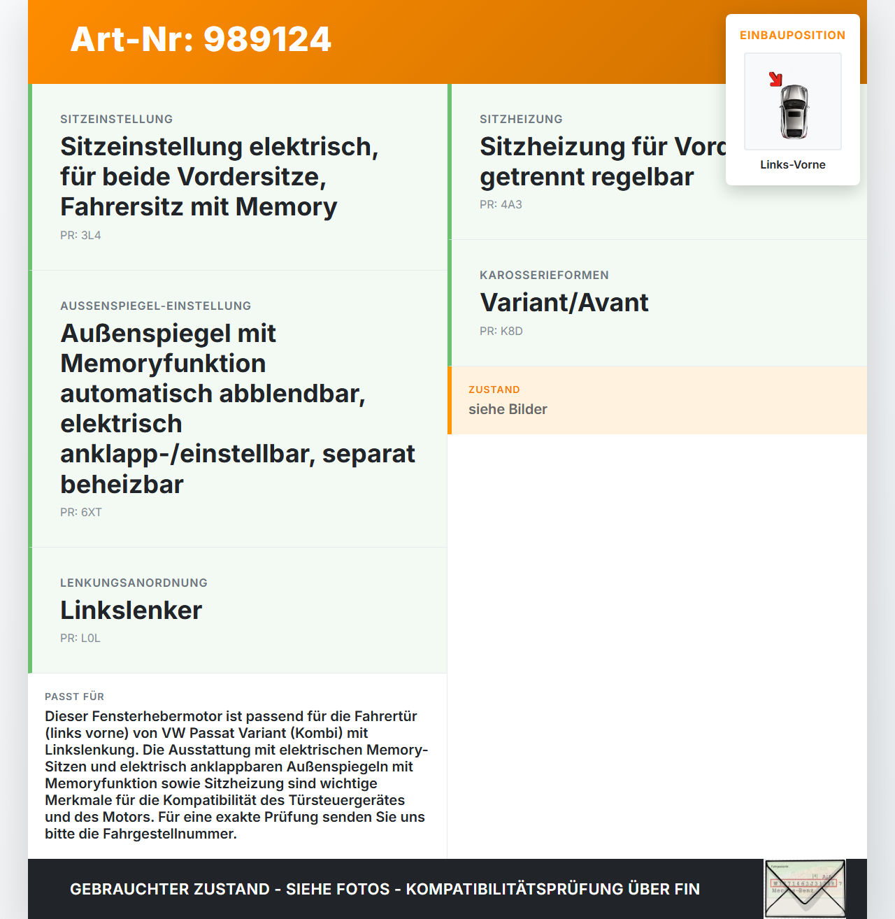 VW Passat 3C B7 10-15 Kombi Fensterhebermotor Links Vorne VW Passat 3C B7 10-15 06.12.2013 3AA959701A 3AA837461... Vorschau 3