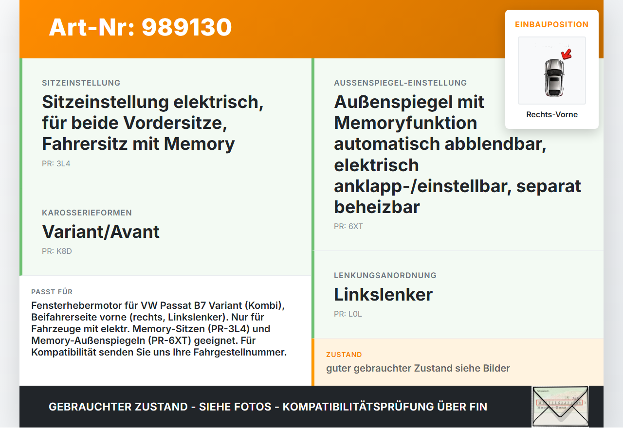 VW Passat 3C B7 10-15 Kombi Fensterhebermotor Rechts Vorne VW Passat 3C B7 10-15 06.12.2013 3AA959702A 919191-320... Vorschau 3