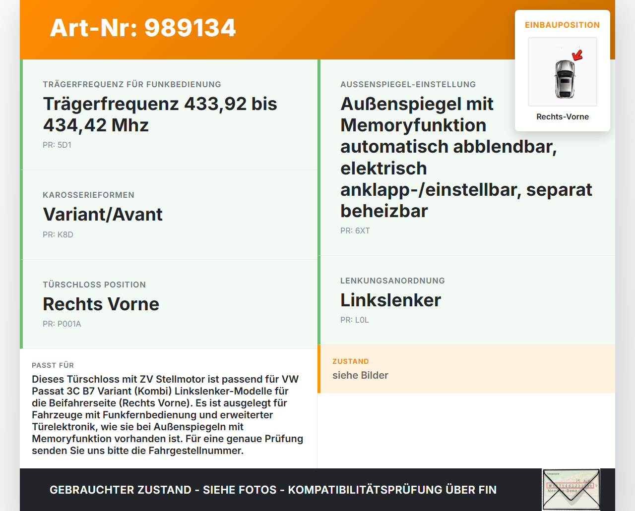 VW Passat 3C B7 10-15 Kombi Türschloss m. ZV Stellmotor Rechts Vorne VW Passat 3C B7 10-15 06.12.2013 3C1837016B... Vorschau 3