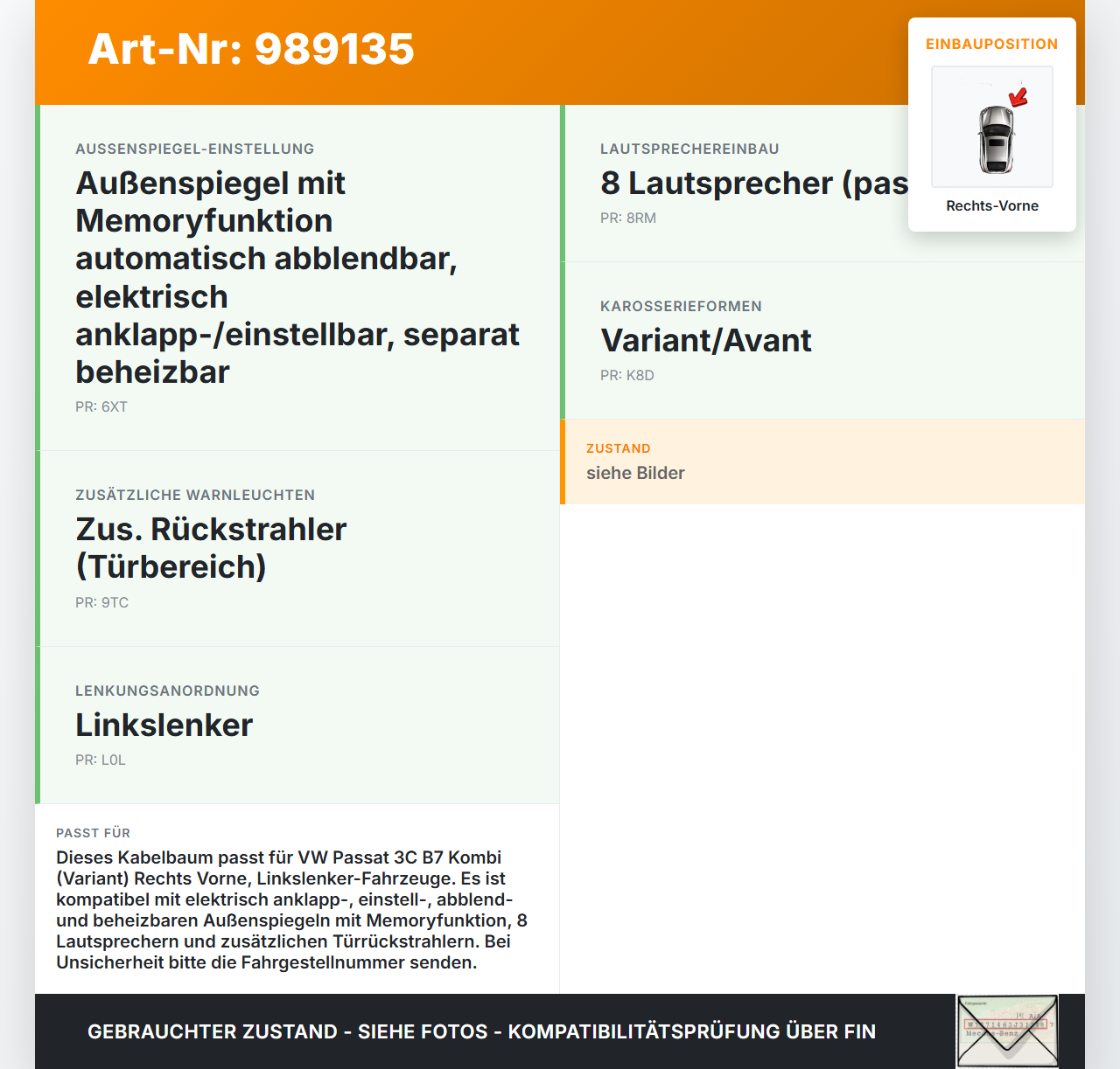VW Passat 3C B7 10-15 Kombi Kabelbaum für Tür und Fensterheber Rechts Vorne VW Passat 3C B7 10-15 06.12.2013... Vorschau 3