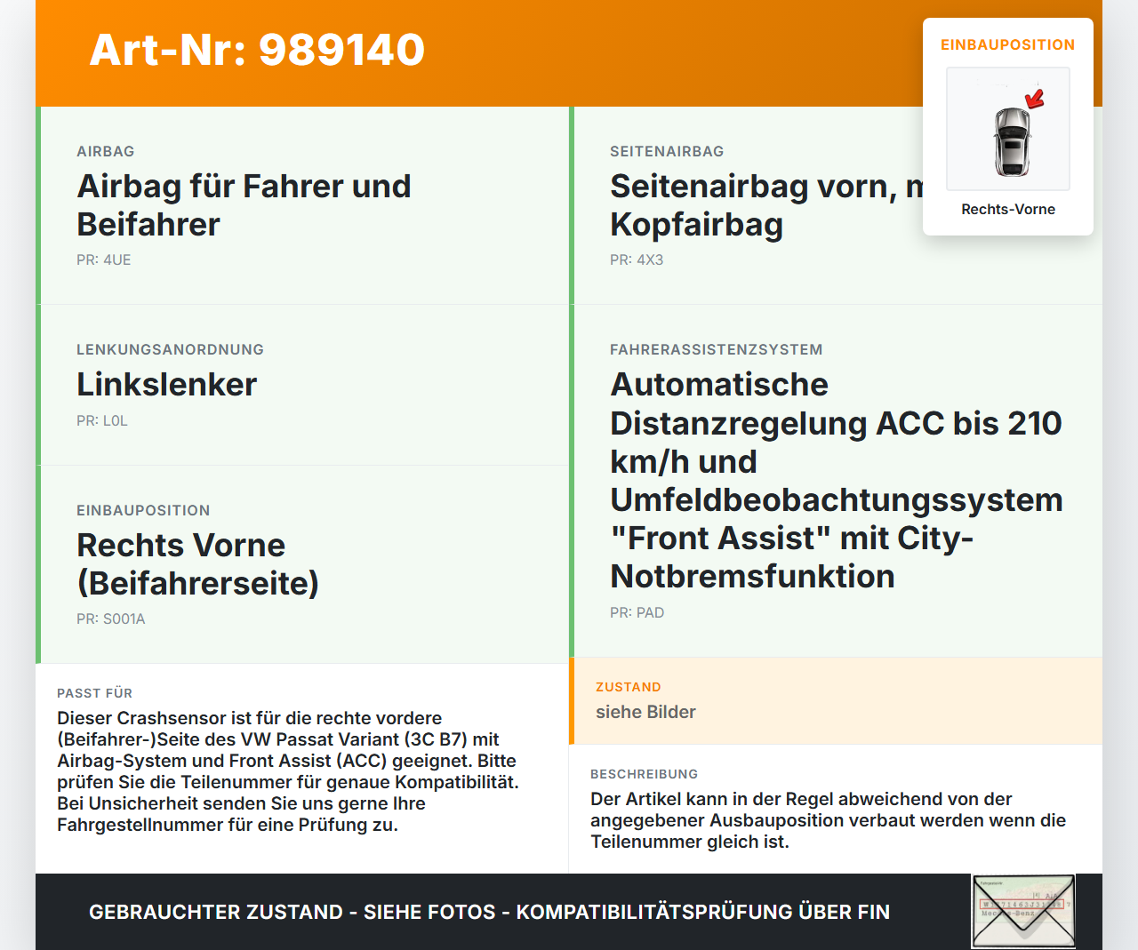 VW Passat 3C B7 10-15 Sensor für Airbag Crashsensor Airbagsensor Rechts Vorne VW Passat 3C B7 10-15 06.12.2013... Vorschau 3