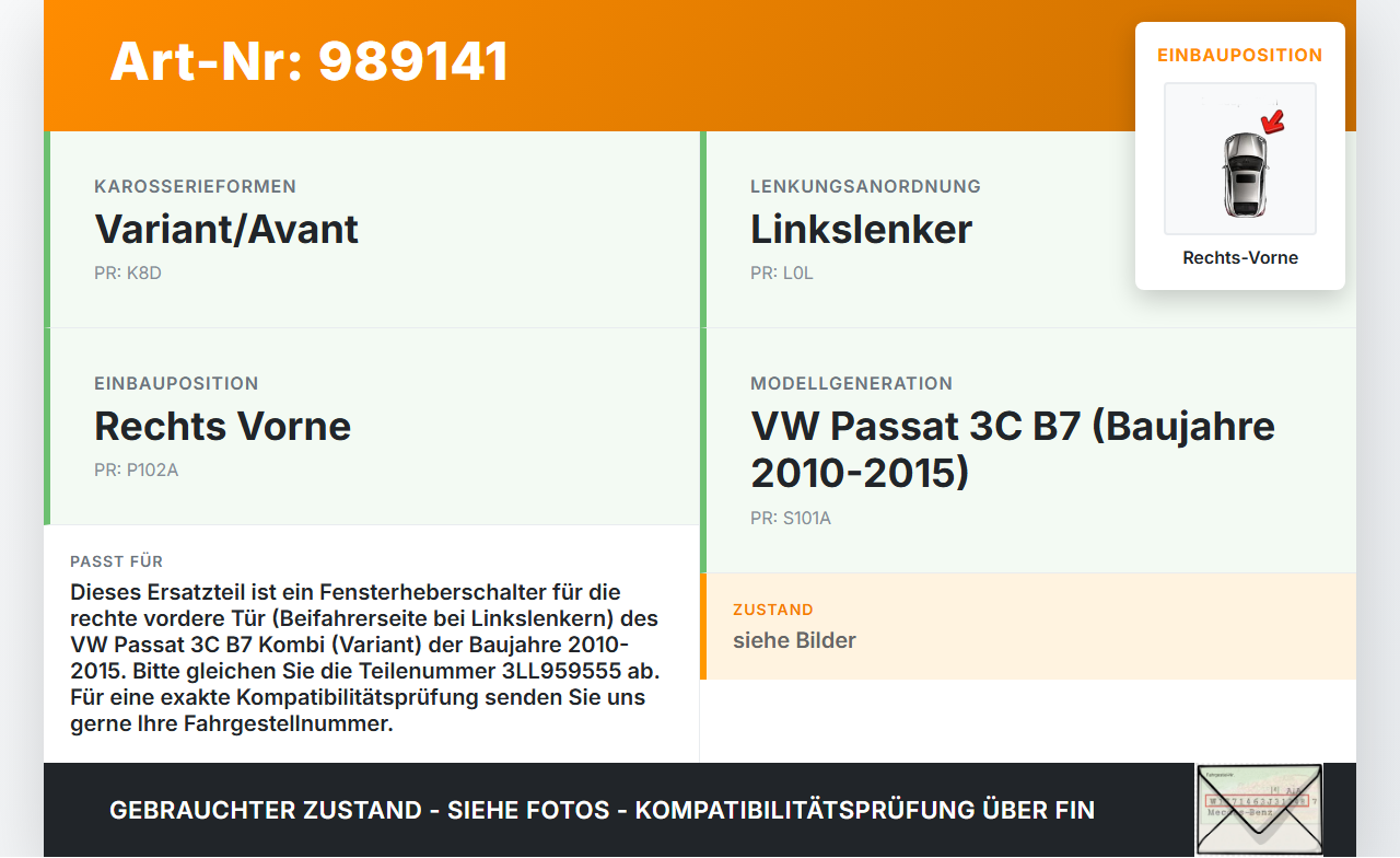 VW Passat 3C B7 10-15 Kombi Fensterheberschalter Schalter Rechts Vorne VW Passat 3C B7 10-15 06.12.2013 7L6959855B... Vorschau 3
