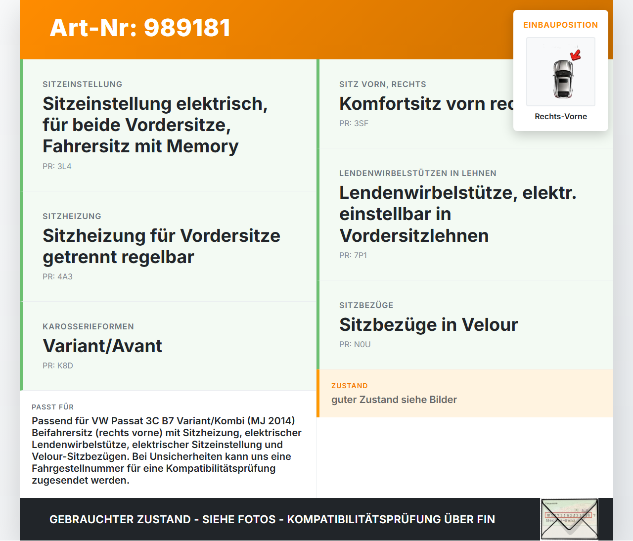 VW Passat 3C B7 10-15 Kombi Sitzbezug Rückenpolster Rechts Vorne für Beifahrer Sitz beheizt VW Passat 3C B7 10-15... Vorschau 3