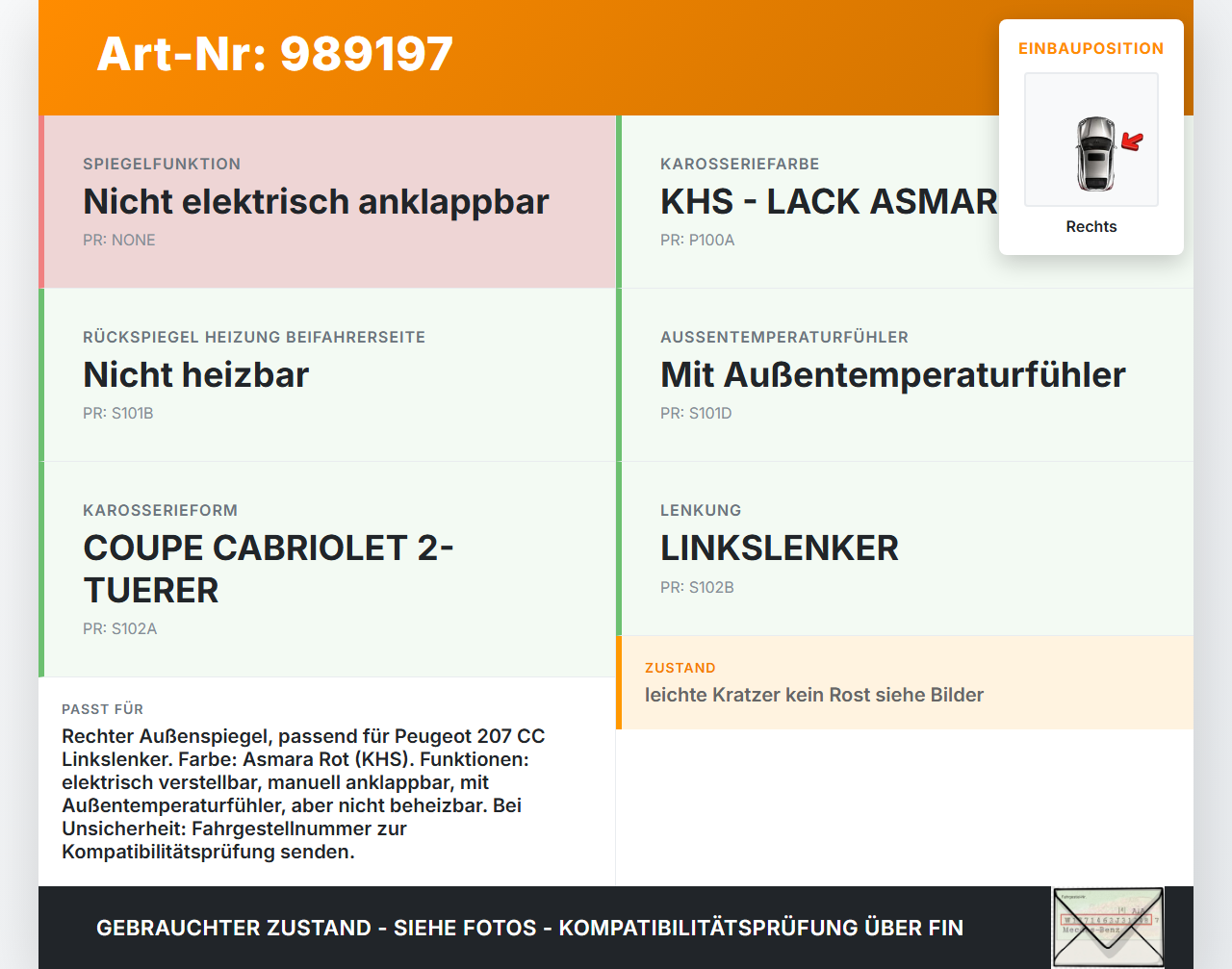 Peugeot 207 CC 09-15 Spiegel Aussenspiegel Rechts KHS Peugeot 207 CC 09-15 30.04.2007 96807120XT gebraucht Vorschau 3