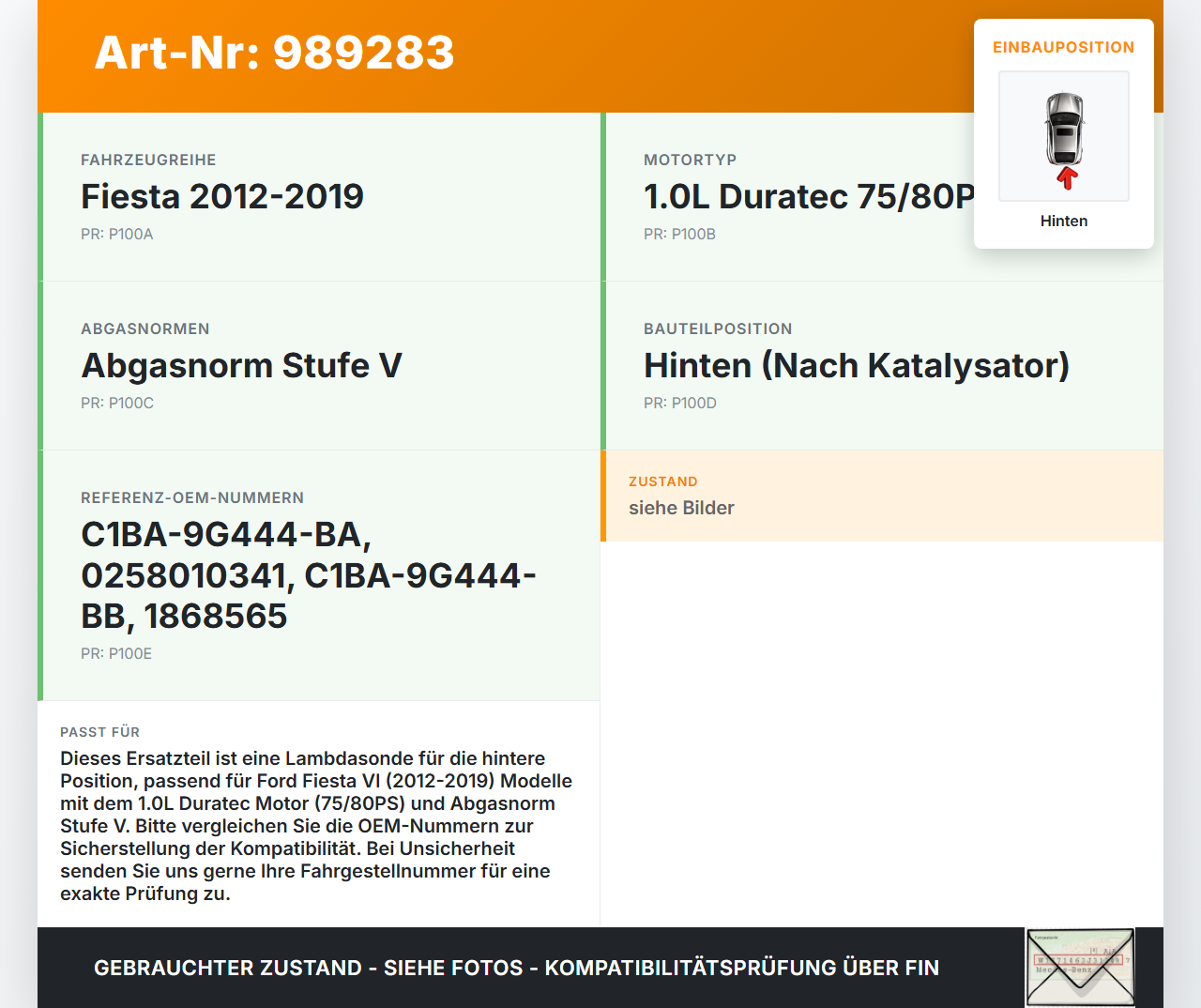 Ford Fiesta VI 6 13-17 1,0 59KW Lambdasonde Hinten Ford Fiesta VI 6 13-17 21.01.14 C1BA-9G444-BA 0258010341... Vorschau 3