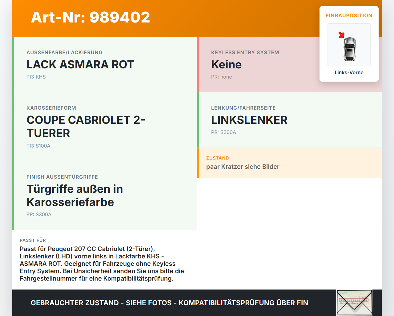 Peugeot 207 CC 09-15 Cabriolet Türgriff Griff aussen Links Vorne KHS Peugeot 207 CC 09-15 30.04.2007 gebraucht Vorschau 3