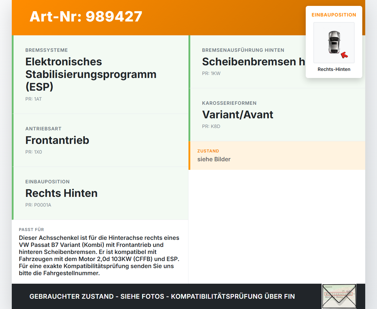 VW Passat 3C B7 10-15 Kombi 2,0d 103KW Achsschenkel Radnabe Rechts Hinten VW Passat 3C B7 10-15 06.12.2013... Vorschau 3