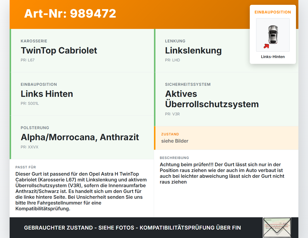 Opel Astra H TwinTop Cabriolet Gurt Sicherheitsgurt Links Hinten Opel Astra H TwinTop 09.11.2006 33060204 13188893... Vorschau 3