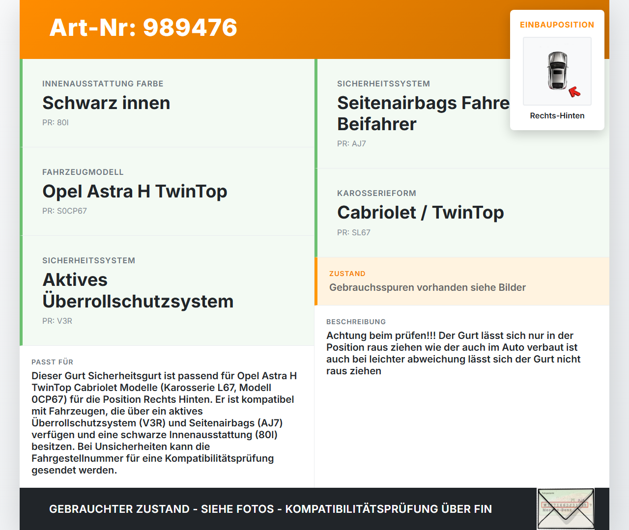 Opel Astra H TwinTop Cabriolet Gurt Sicherheitsgurt Rechts Hinten Opel Astra H TwinTop 09.11.2006 33060278... Vorschau 3