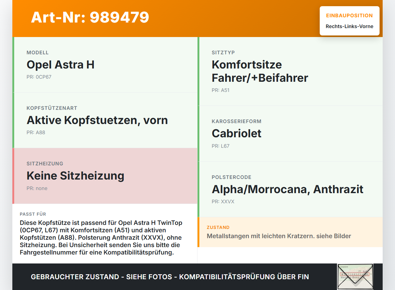 Opel Astra H TwinTop Cabriolet Kopfstütze für Beifahrer Sitz Rechts oder Links Vorne Opel Astra H TwinTop... Vorschau 3