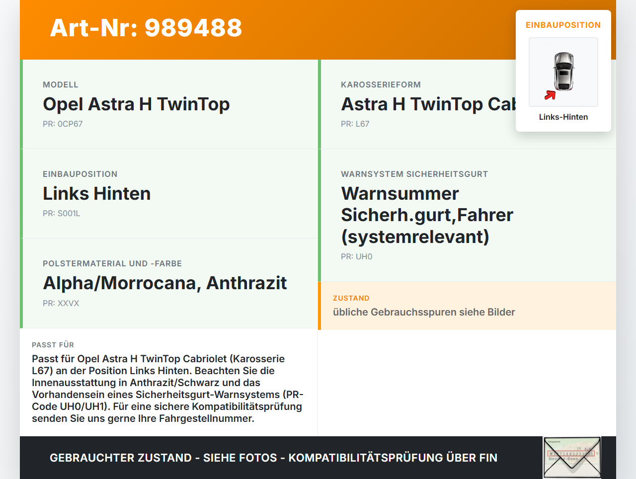 Opel Astra H TwinTop Cabriolet Gurtschloss Links Hinten Opel Astra H TwinTop 09.11.2006 13189098 13188871N... Vorschau 3