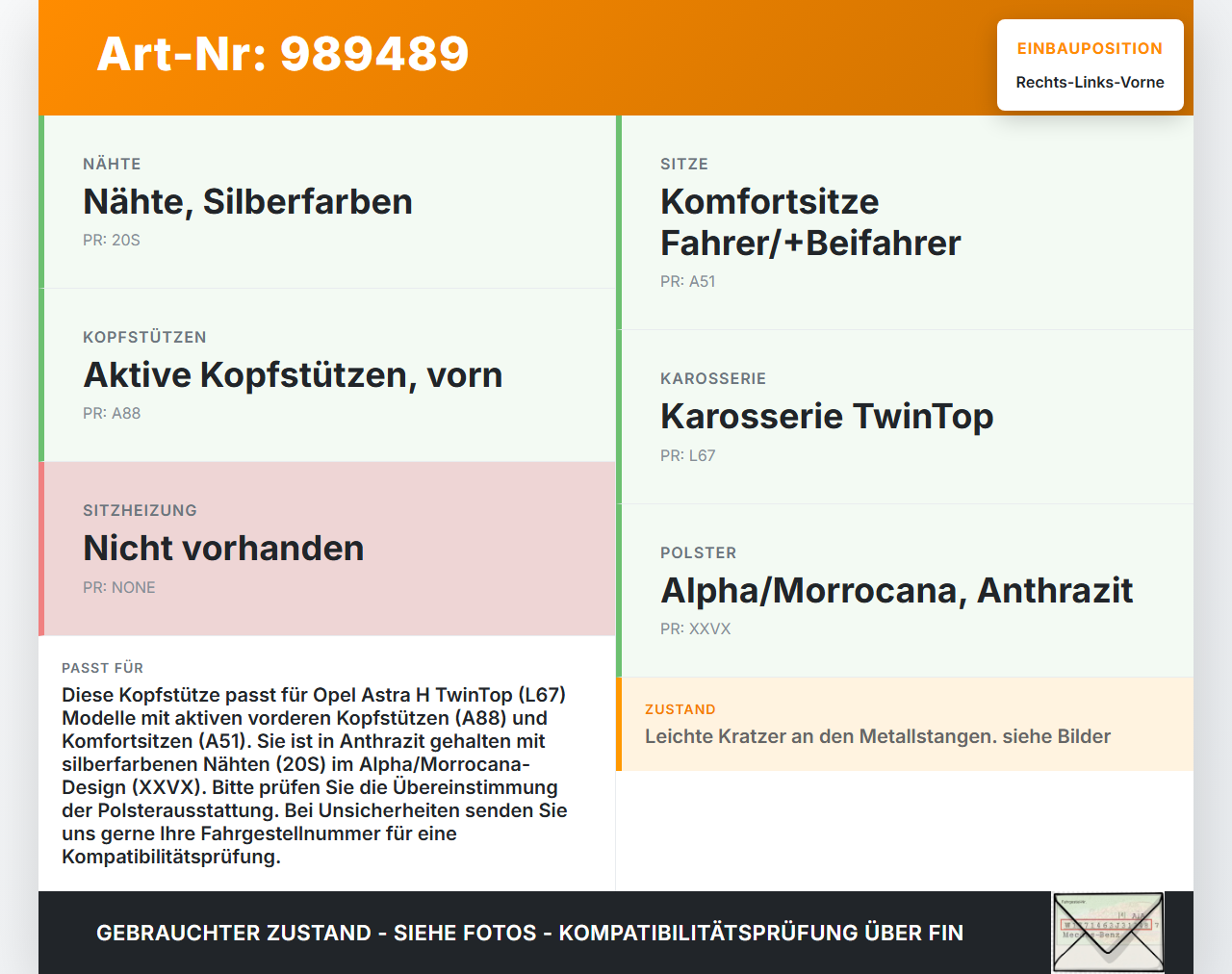 Opel Astra H TwinTop Kopfstütze für Fahrer Sitz Rechts oder Links Vorne Silbernaht Opel Astra H TwinTop 09.11.2006... Vorschau 3
